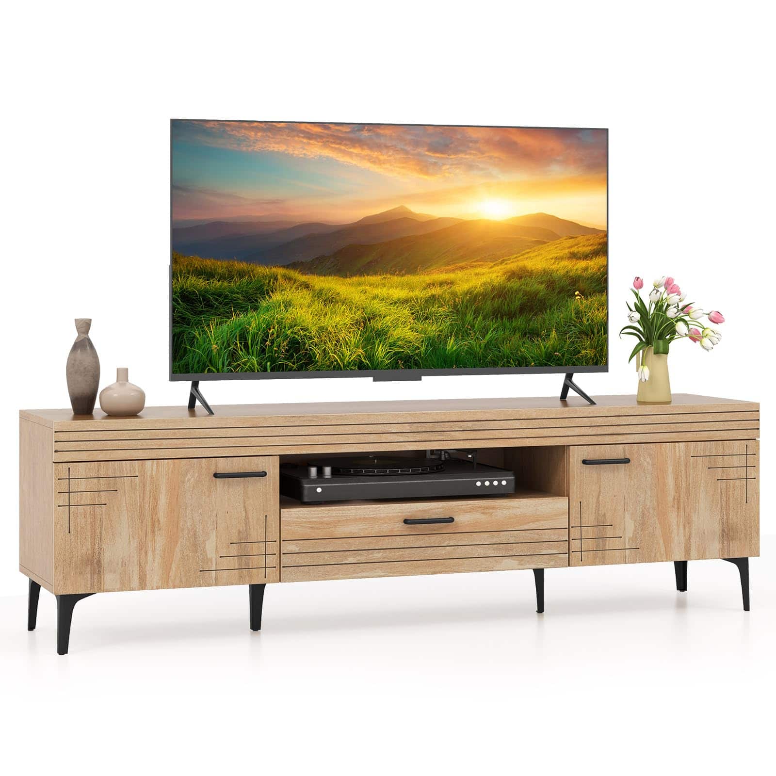 Ecooso - TV Stand for 65 Inch TV with 2 Cabinets and Center Storage Drawer - Oak