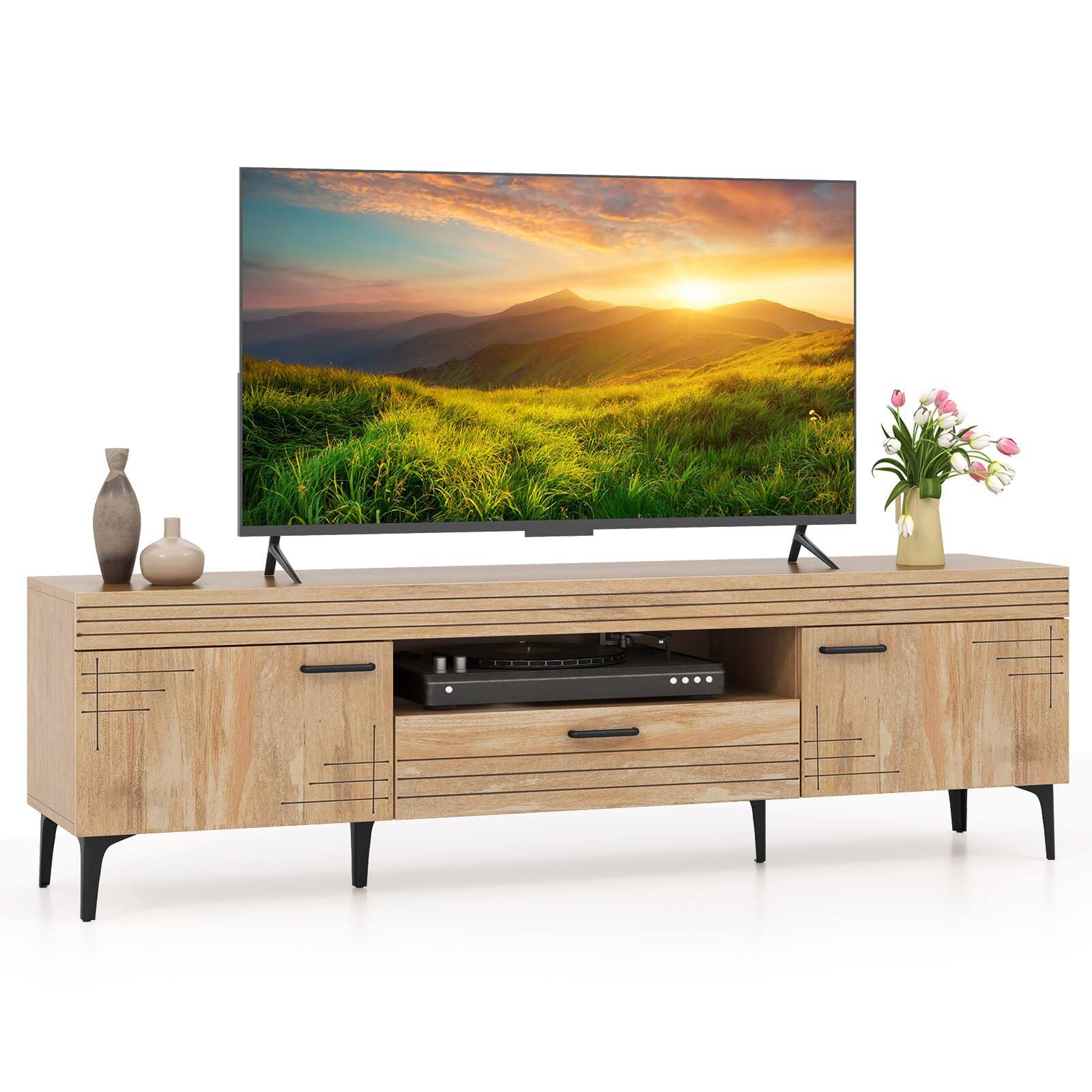 Front. Ecooso - TV Stand for 65 Inch TV with 2 Cabinets and Center Storage Drawer - Oak.