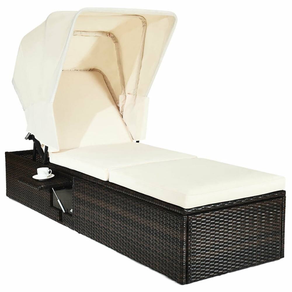 Angle. Kadyn - Outdoor Chaise Lounge Chair, Chaise Cushioned Top Canopy Patio Rattan Lounge Chair with Tea Table - White.