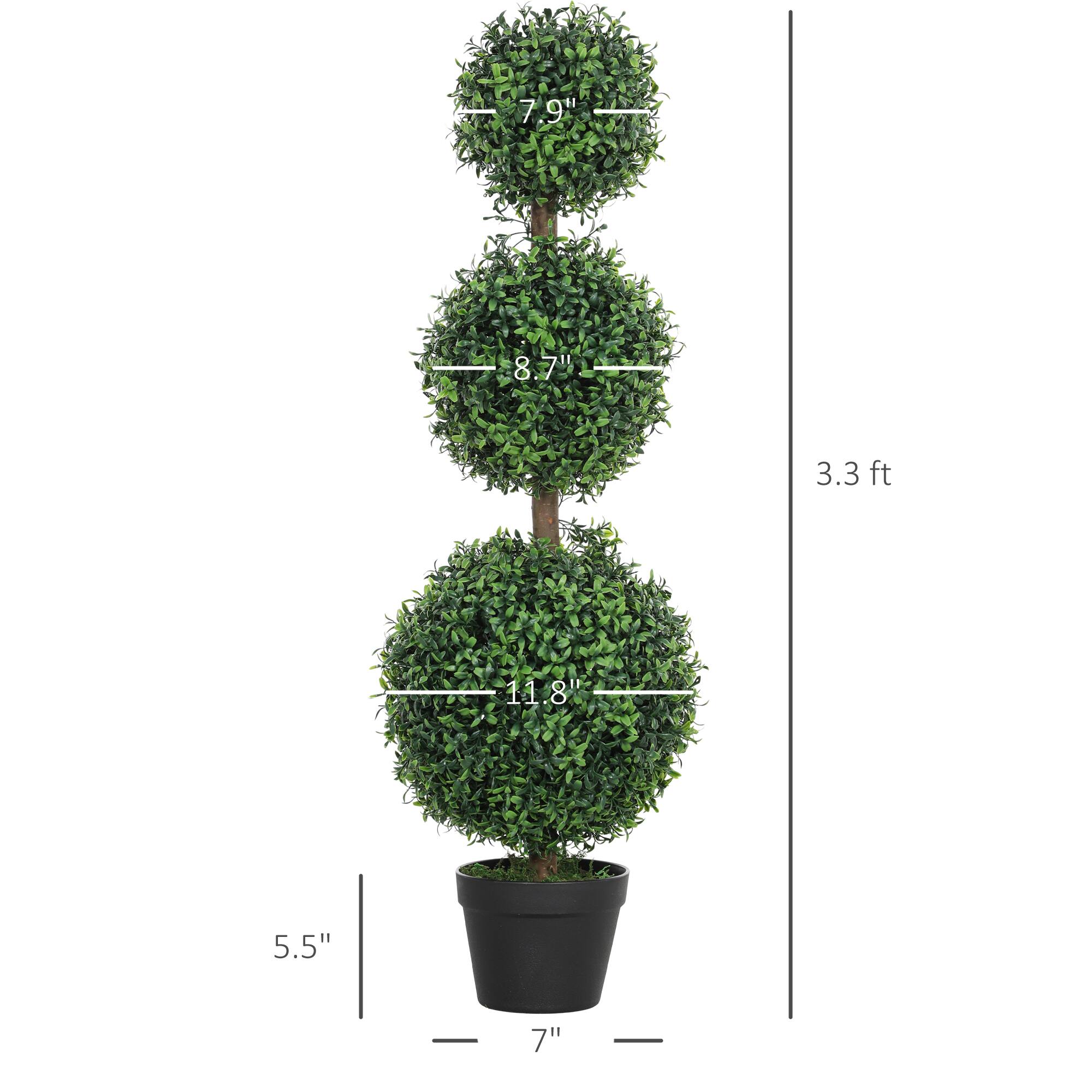 - Height: 3.3 ft
- Diameter of top sphere: 7.9"
- Diameter of middle sphere: 8.7"
- Diameter of bottom sphere: 11.8"
- Pot height: 5.5"
- Pot diameter: 7"