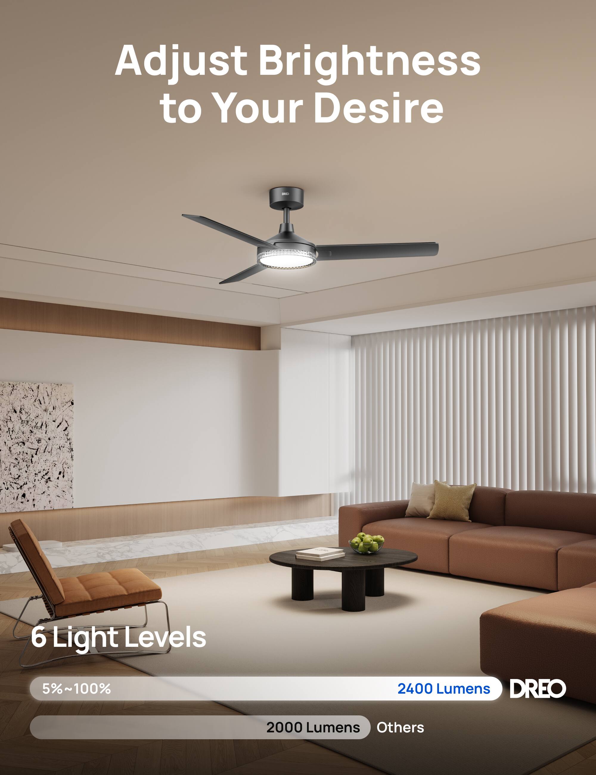 Adjust Brightness to Your Desire  
6 Light Levels  
5%~100%  
2400 Lumens  
DREO  
2000 Lumens  
Others
