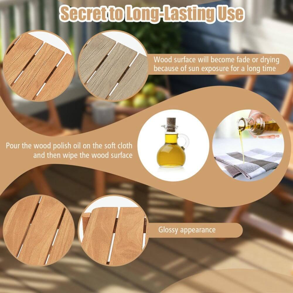 Secret to Long-Lasting Use

Wood surface will become fade or drying because of sun exposure for a long time

Pour the wood polish oil on the soft cloth and then wipe the wood surface

Glossy appearance