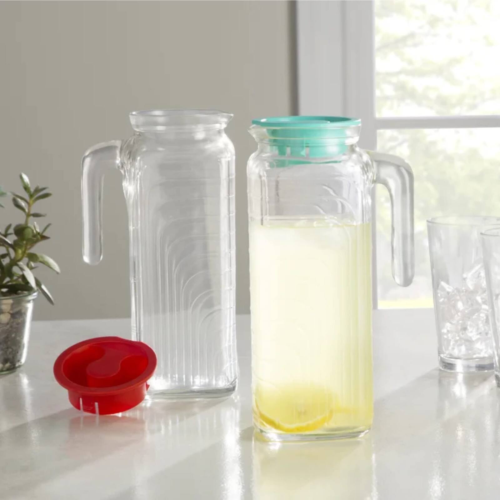 Alt View 2. Bormioli Rocco - Bormioli Rocco Gelo Glass Pitchers With Lid, 41 Oz, Set of 2, Red Lid - Clear.