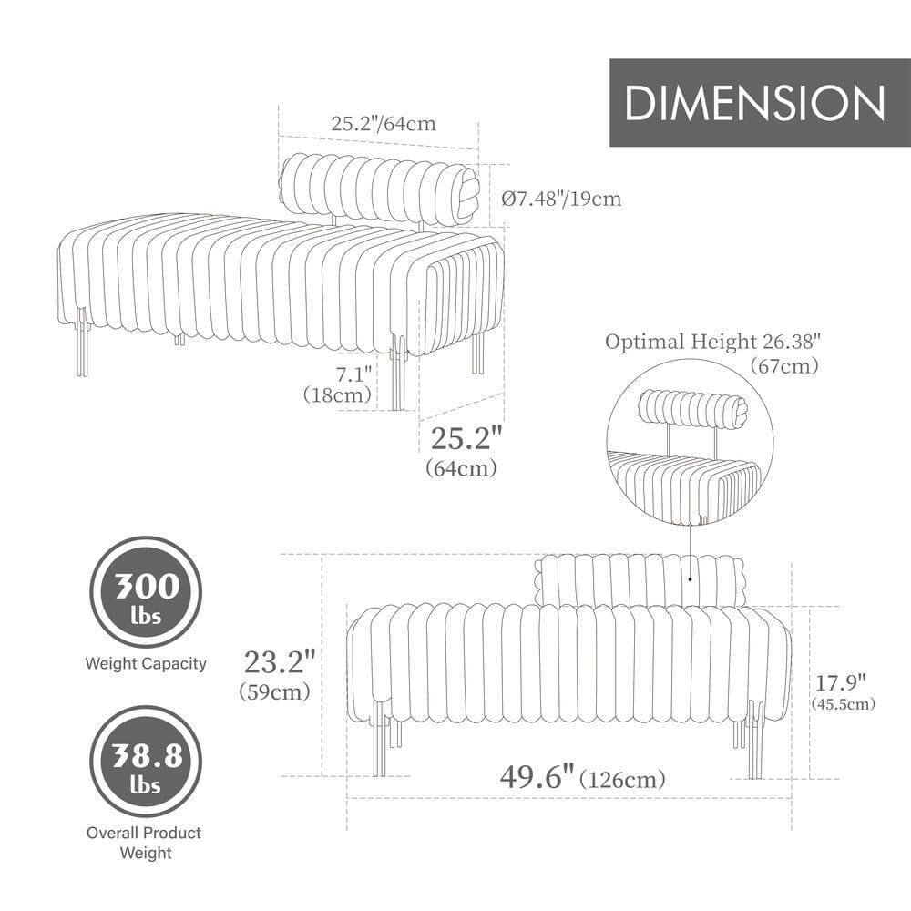**DIMENSION**

- **Length:** 25.2" (64cm)
- **Width:** 7.1" (18cm)
- **Height:** 07.48" (19cm)
- **Optimal Height:** 26.38" (67cm)
- **Weight Capacity:** 300 lbs
- **Overall Product Weight:** 38.8 lbs
- **Overall Dimensions:** 49.6" (126cm) x 23.2" (59cm) x 17.9" (45.5cm)