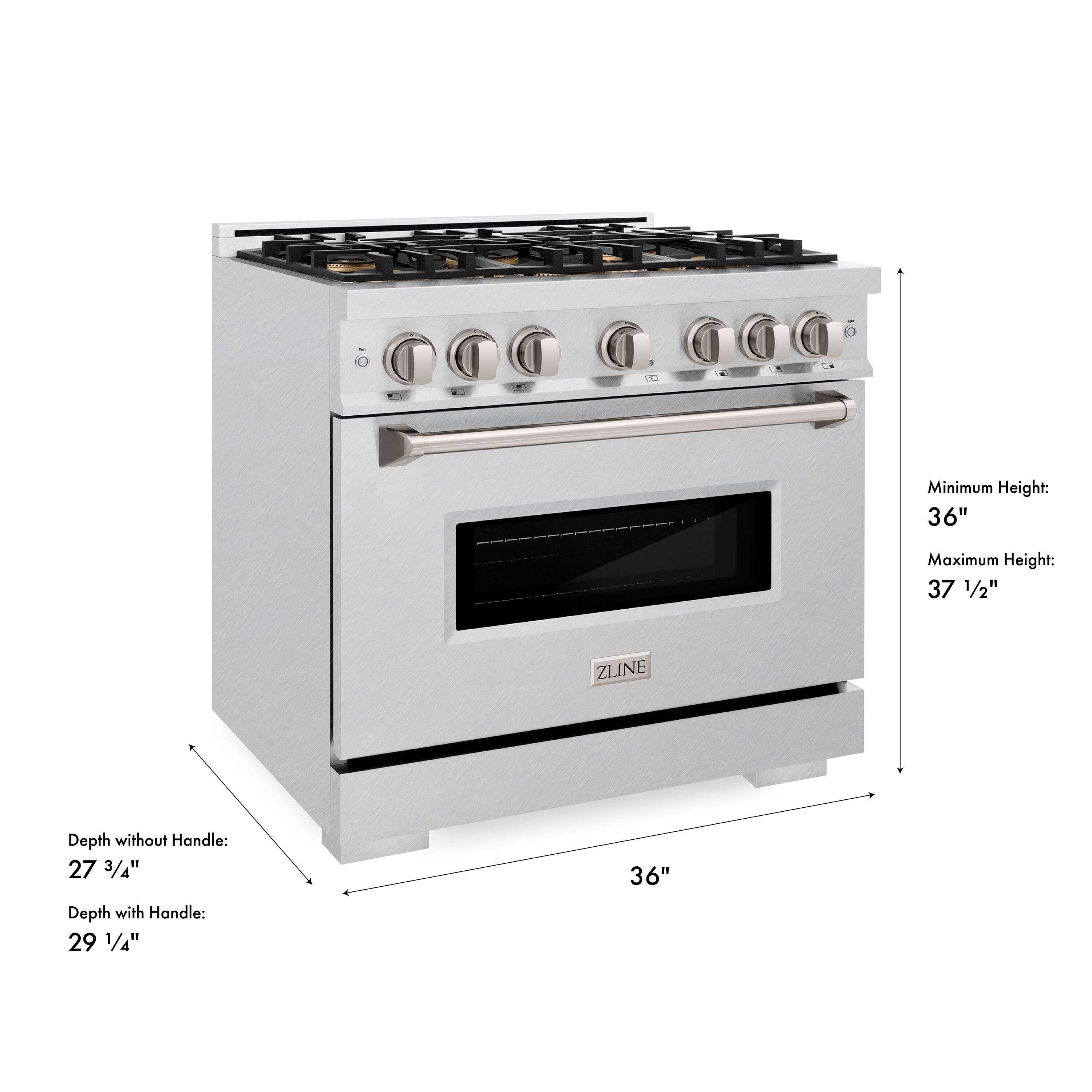 Minimum Height: 36"  
Maximum Height: 37 1/2"  
ZLINE  
Depth without Handle: 27 3/4"  
Depth with Handle: 29 1/4"  
36"