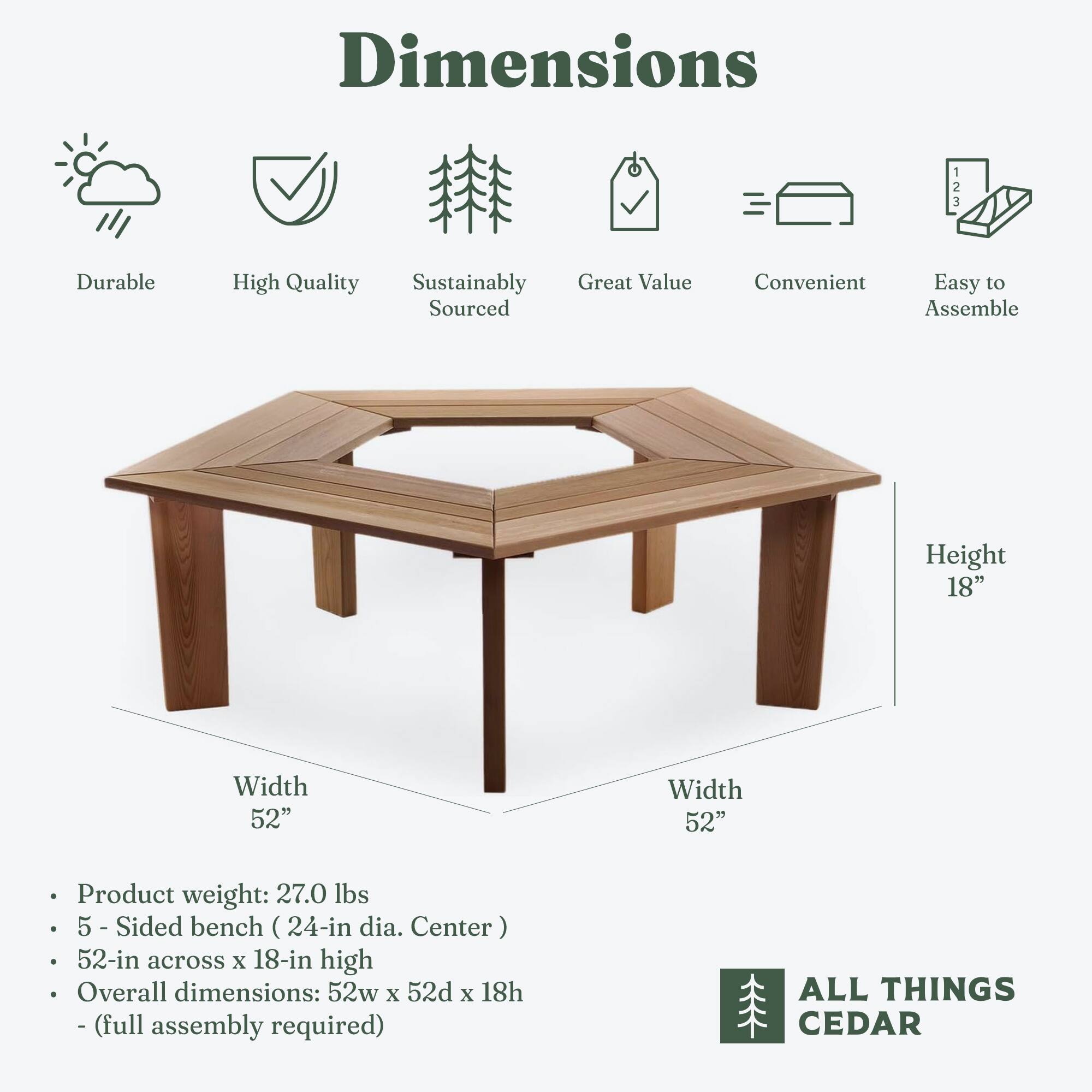 **Dimensions**

- **Durable**
- **High Quality**
- **Sustainably Sourced**
- **Great Value**
- **Convenient**
- **Easy to Assemble**

**Product Details:**

- **Product weight:** 27.0 lbs
- **5-Sided bench (24-in dia. Center)**
- **52-in across x 18-in high**
- **Overall dimensions:** 52w x 52d x 18h
- **(full assembly required)**

**Dimensions:**

- **Width:** 52"
- **Width:** 52"
- **Height:** 18"

**ALL THINGS CEDAR**