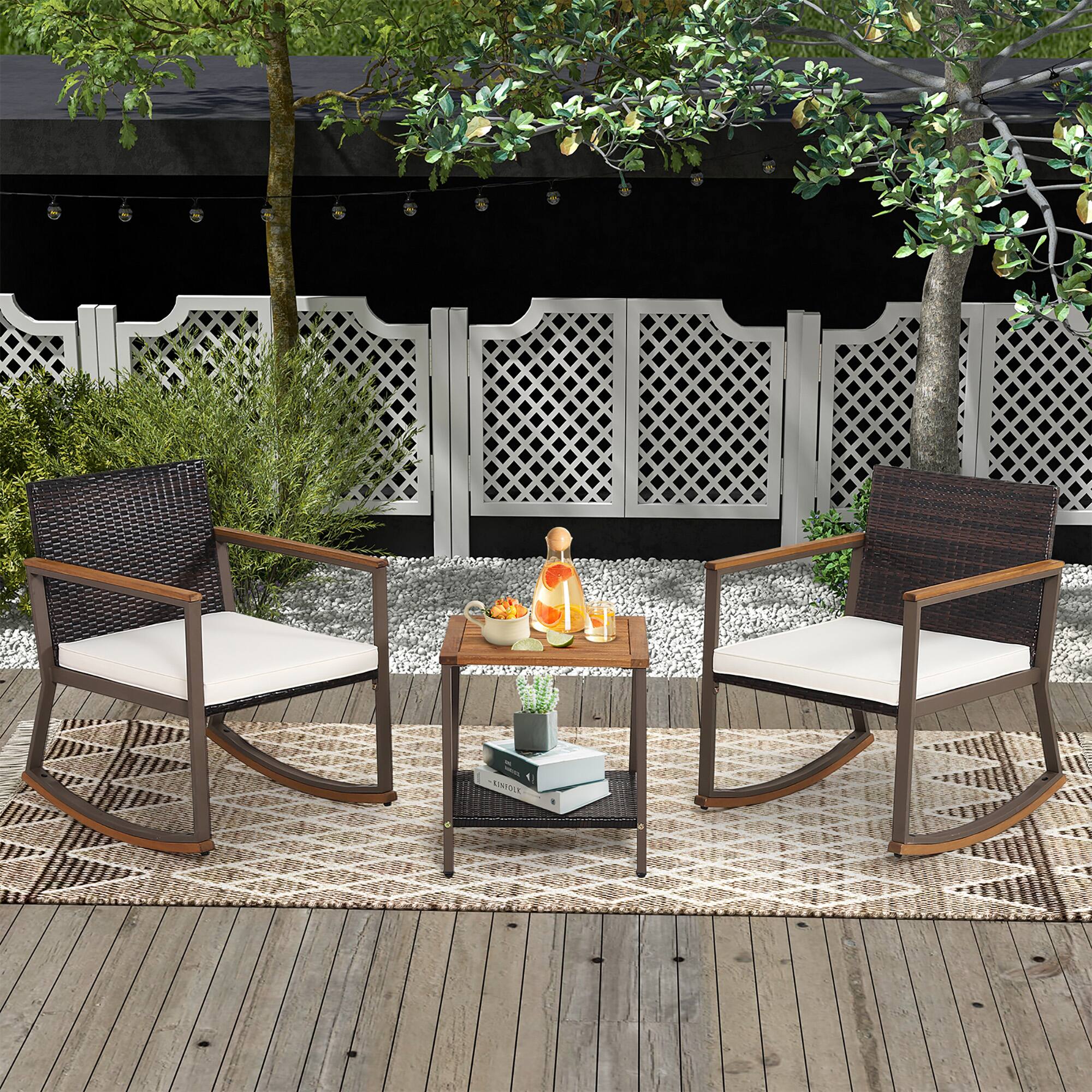 Alt View 2. Gymax - Gymax 3PCS Patio Rattan Rocking Chair Bistro Set Armrest Cushion Table w/ Storage Shelf - Off White.