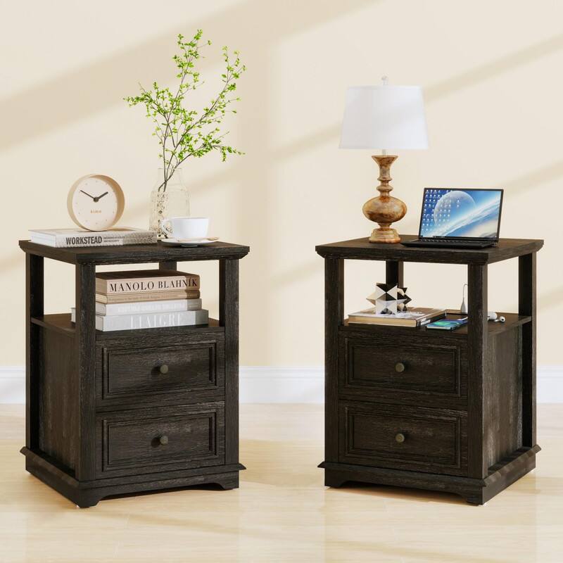Vipbear - Farmhouse Nightstand with Charging Station 18" Night Stand Set of 2 Drawers Wood Bedside End Table - White
