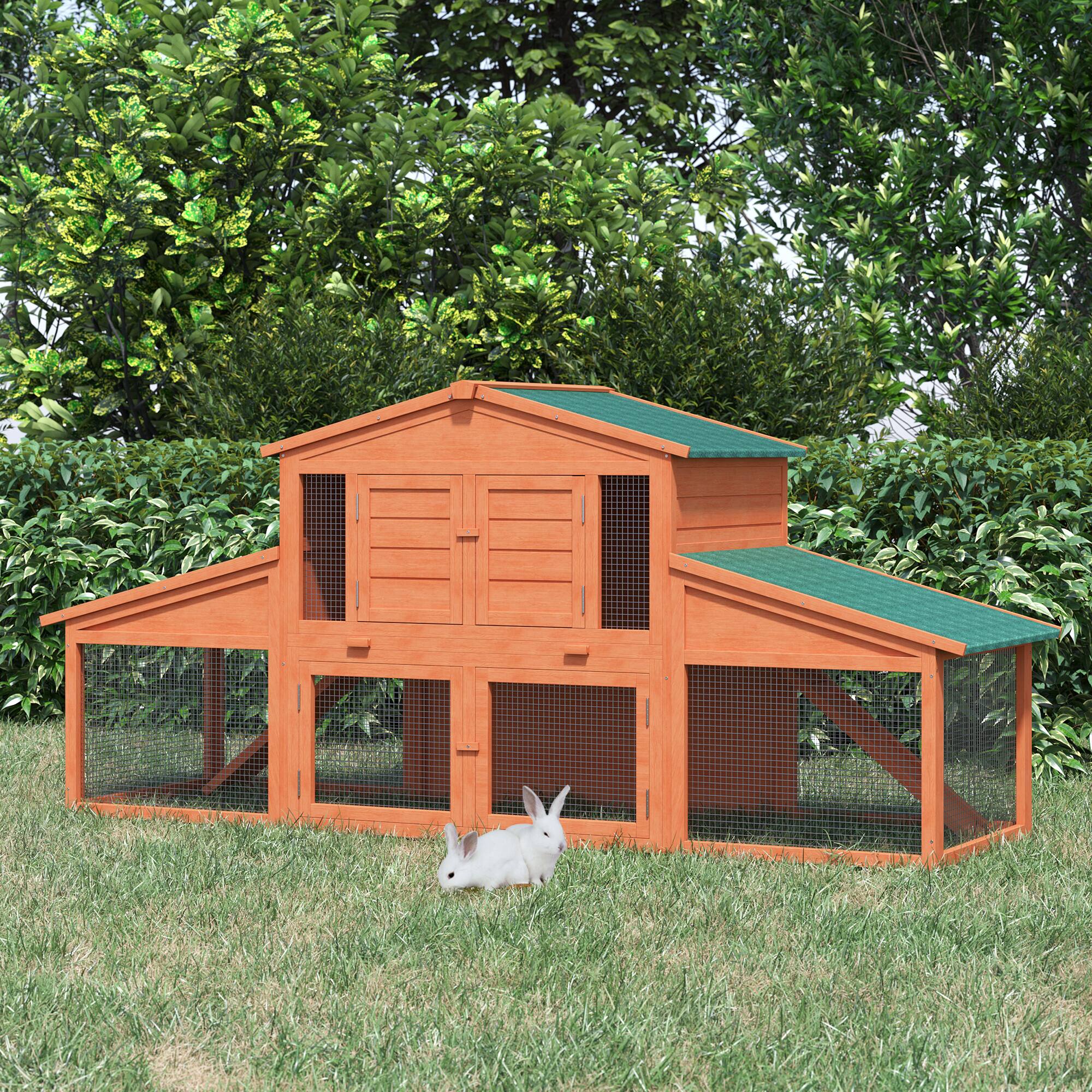 Angle. Pawhut - Large Rabbit Hutch, Outdoor Wooden Guinea Pig Cage.