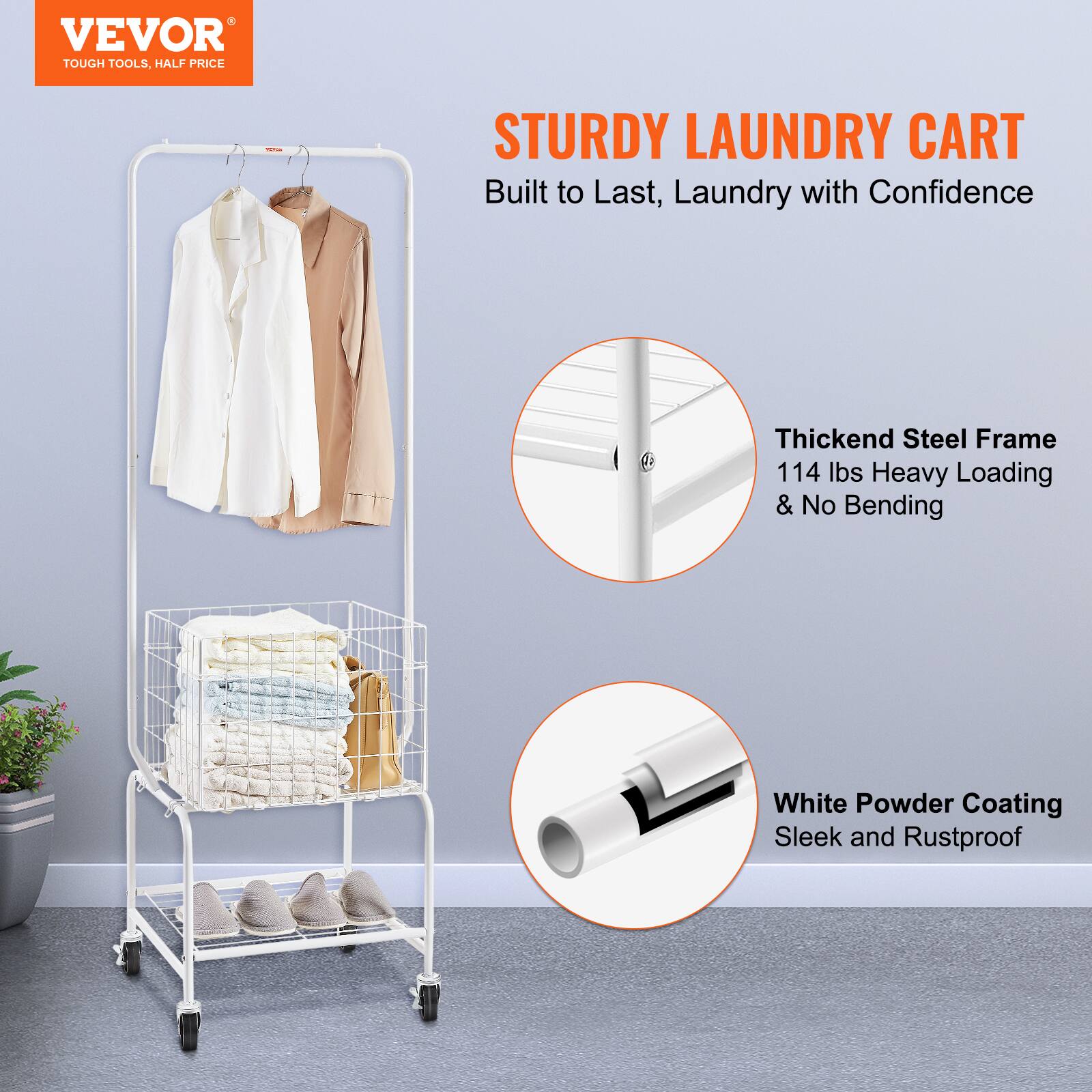VEVOR TOUGH TOOLS, HALF PRICE | STURDY LAUNDRY CART Built to Last, Laundry with Confidence | Thickend Steel Frame 114 lbs Heavy Loading & No Bending | White Powder Coating Sleek and Rustproof
