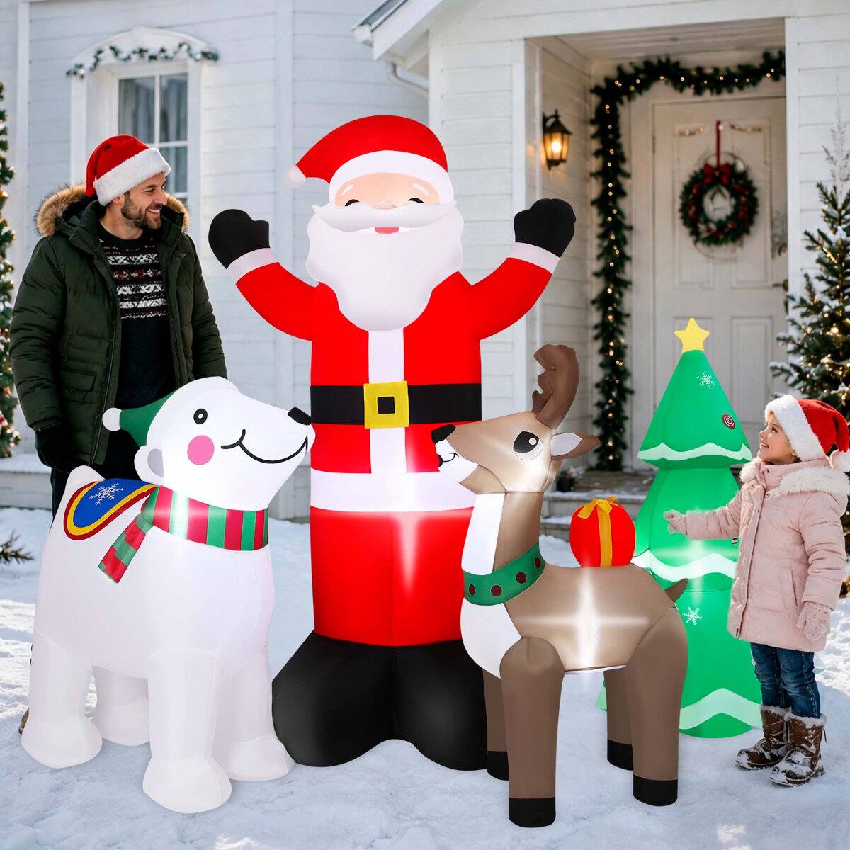 Left. Wisairt - 6FT Christmas Inflatable Santa Claus and Reindeer Outdoor Yard Decoration with Built-in LED lihgts, 10s Fast Blow-up - Green|White|Red.