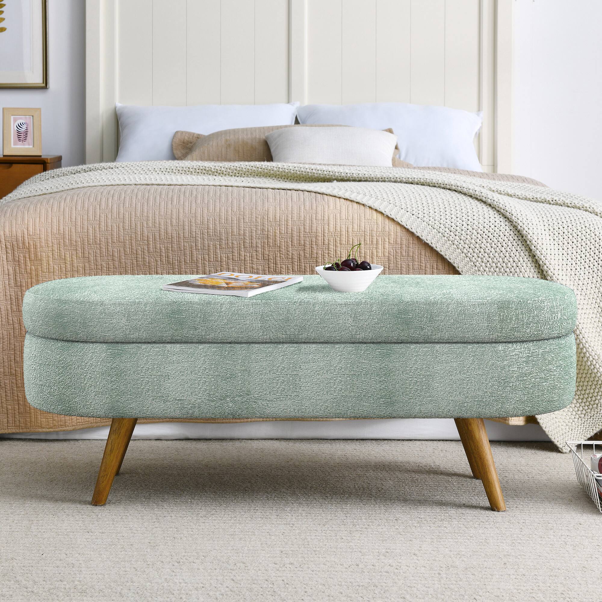 Alt View 1. GOODSILO - Elegant Fabric Storage Ottoman Bench with Wooden Legs for Living Room or Bedroom Footrest and Seating - Cyan.