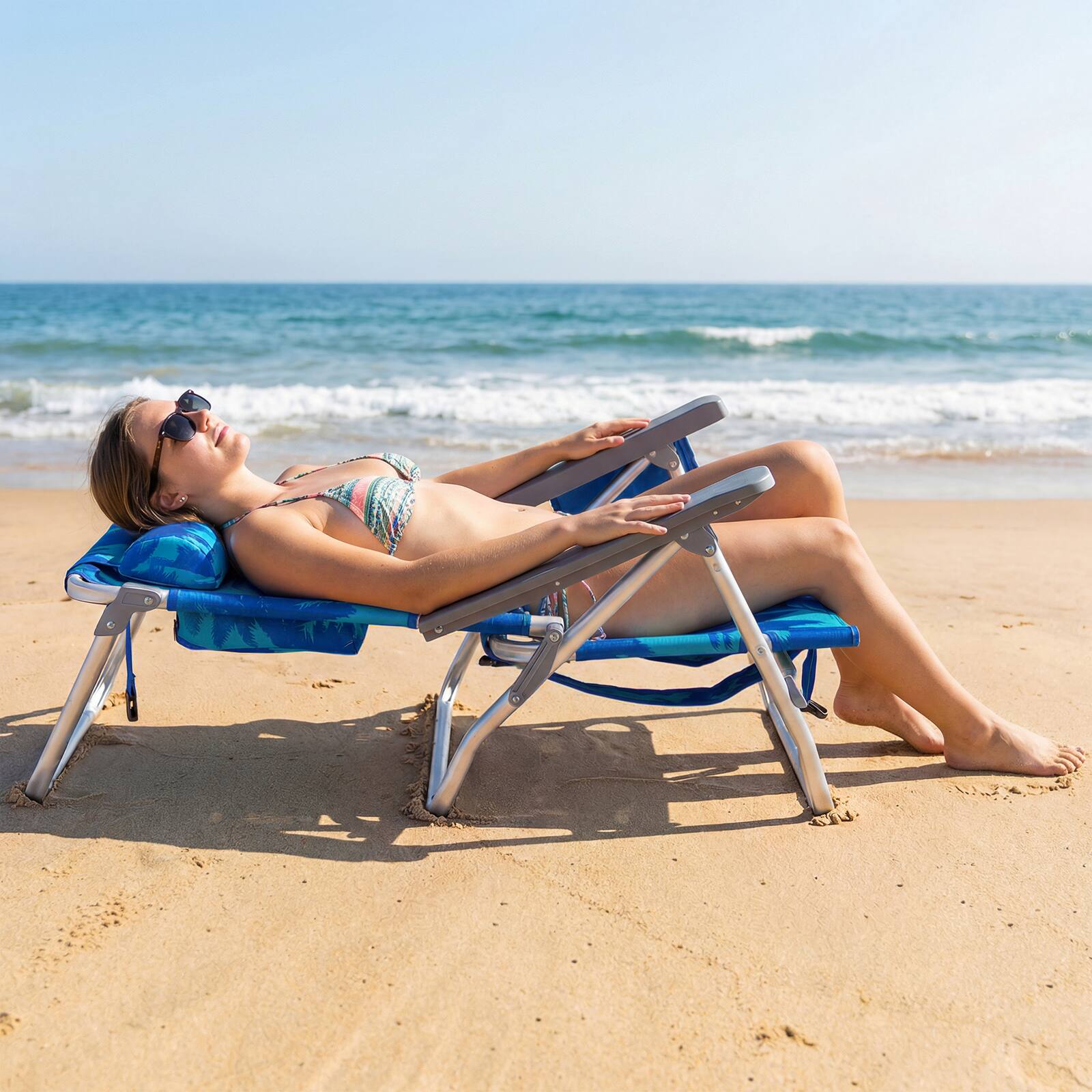 Alt View 3. Costway - Costway Beach Chairs Set of 2 with 5-Position Backrest Padded Headrest Cup Holder for Lawn - Coconut Blue.