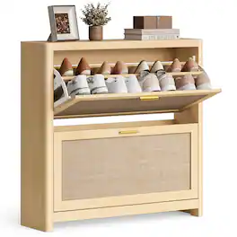Songmics Home - Boho Shoe Storage Cabinet for Entryway Slim, Entry Shoe Cabinet with Rattan-Look Flip Drawers, Rounded Corners - Oak Beige