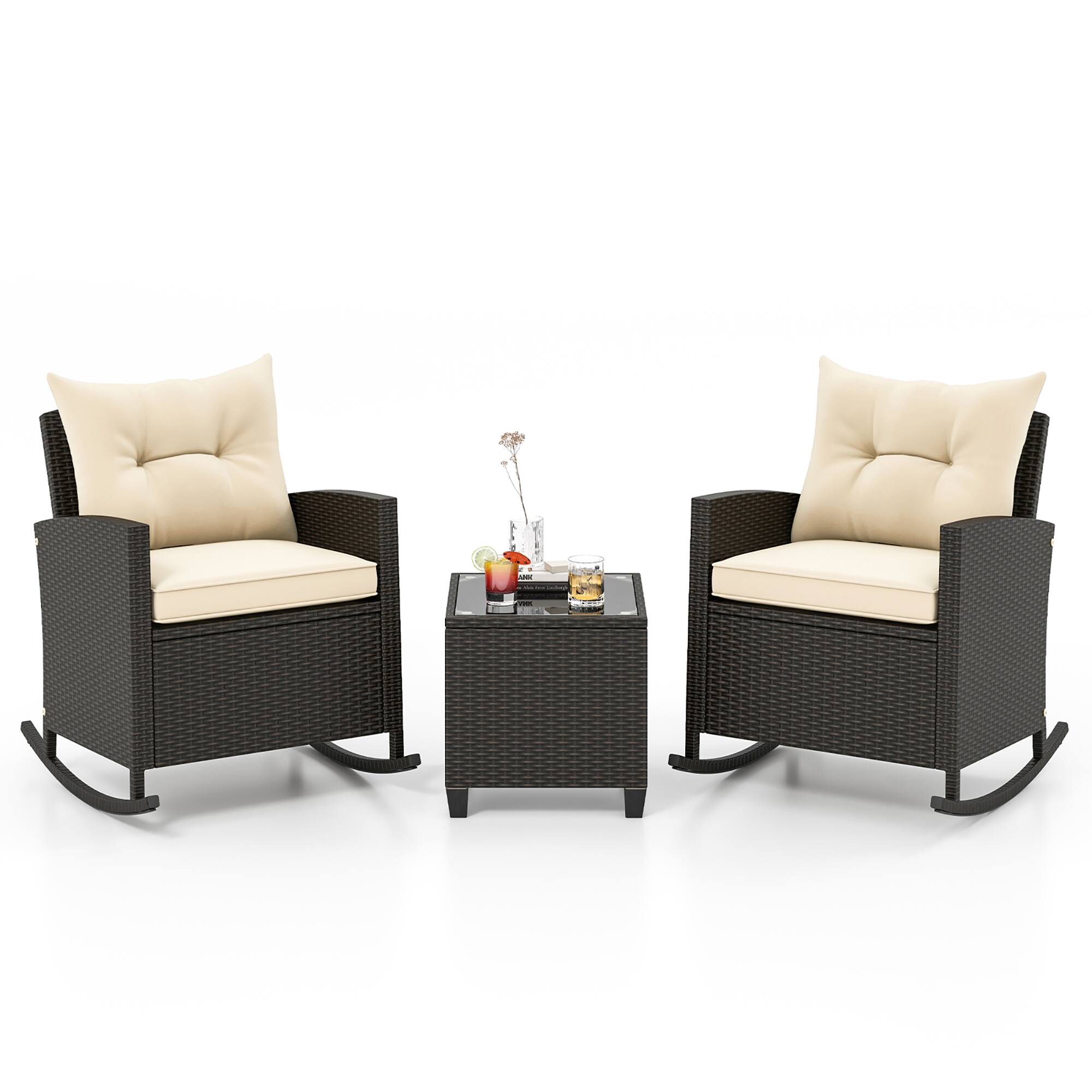 Alt View 1. Gymax - Gymax 3 Piece Outdoor Rocking Set Rattan Rocking Chair Set w/ Tempered Glass Table Seat - Beige, Mix Brown.