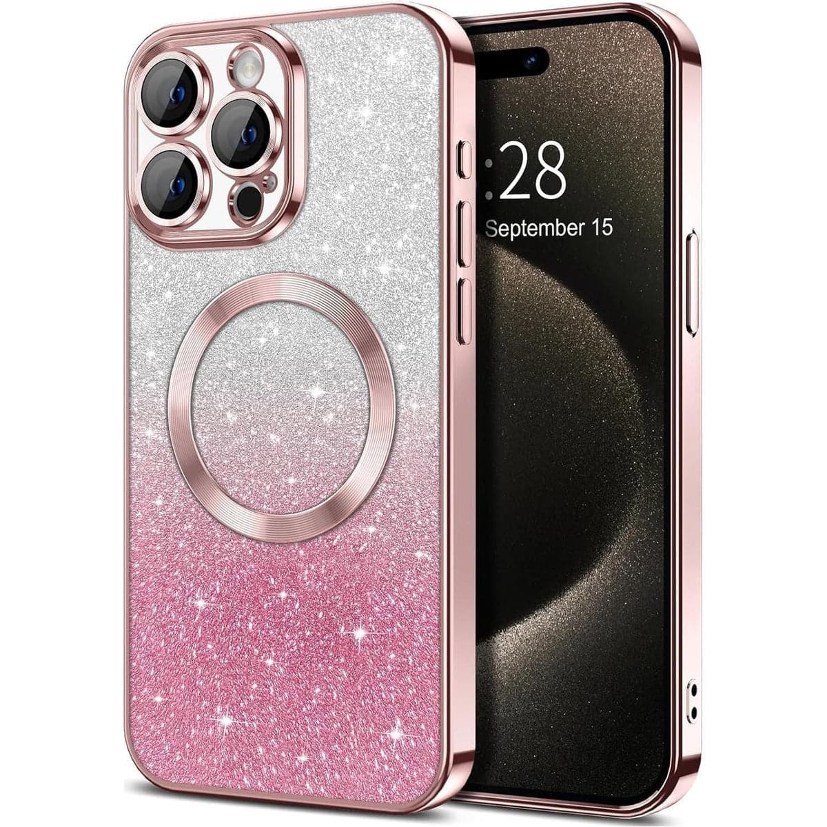 Front. Entronix - Entronix Magnetic Case for iPhone 15 Pro Max - Luxury Clear Glossy Cover - Rose + Glitter.