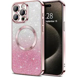 Entronix - Magnetic Case for iPhone 15 Pro Max - Luxury Clear Glossy Cover - Rose + Glitter
