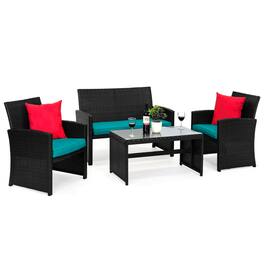 Best Choice Products - 4-Piece Outdoor Wicker Patio Conversation Furniture Set w/ Table, Cushions - Black/Teal