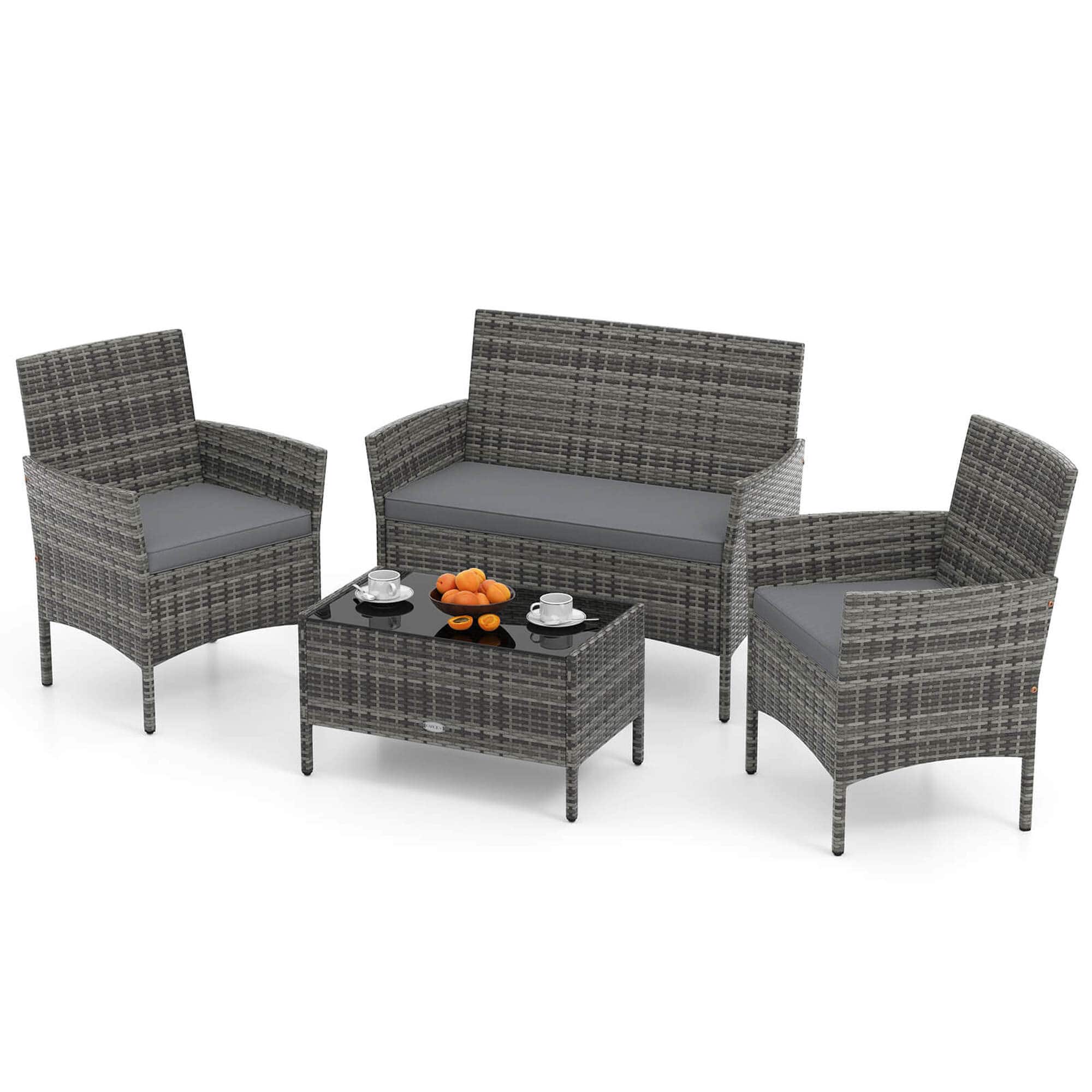 Front. Costway - 4 PCS Patio Furniture Set with Washable Cushions and Tempered Glass Coffee Table - Gray.