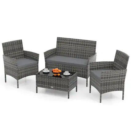 Front. Costway - 4 PCS Patio Furniture Set with Washable Cushions and Tempered Glass Coffee Table - Gray,Mix Gray.