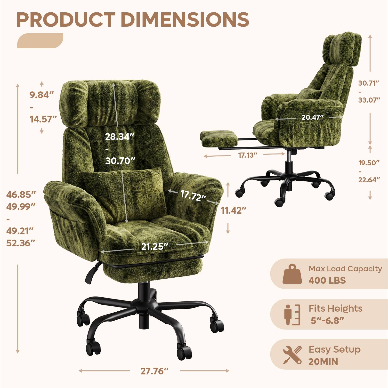 PRODUCT DIMENSIONS

- 9.84" x 14.57" x 28.34" x 30.70" x 17.72" x 11.42" x 22.64" x 46.85" x 49.99" x 49.21" x 52.36" x 21.25"
- 30.71" x 33.07" x 20.47" x 19.50" x 17.13" x 27.76"

Max Load Capacity: 400 LBS

Fits Heights: 5"-6.8"

Easy Setup: 20 MIN