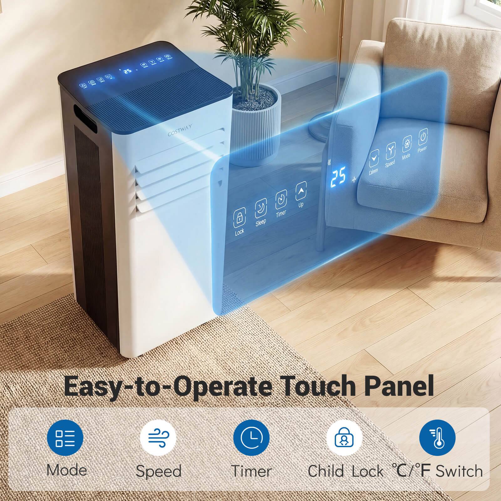 25 COSTWAY 6 Lock Timer Sleep 25°C Power Maxdr Soned Dalee Easy-to-Operate Touch Panel Mode Speed Timer Child Lock C/F Switch