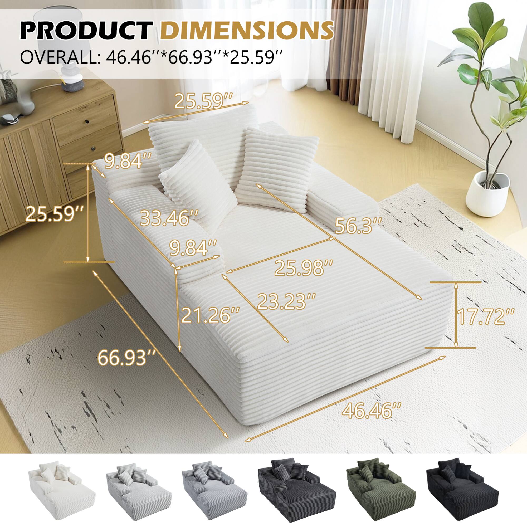 PRODUCT DIMENSIONS  
OVERALL: 46.46" * 66.93" * 25.59"  

- 25.59"  
- 9.84"  
- 33.46"  
- 25.59"  
- 56.3"  
- 9.84"  
- 25.98"  
- 23.23"  
- 21.26"  
- 17.72"  
- 66.93"  
- 46.46"