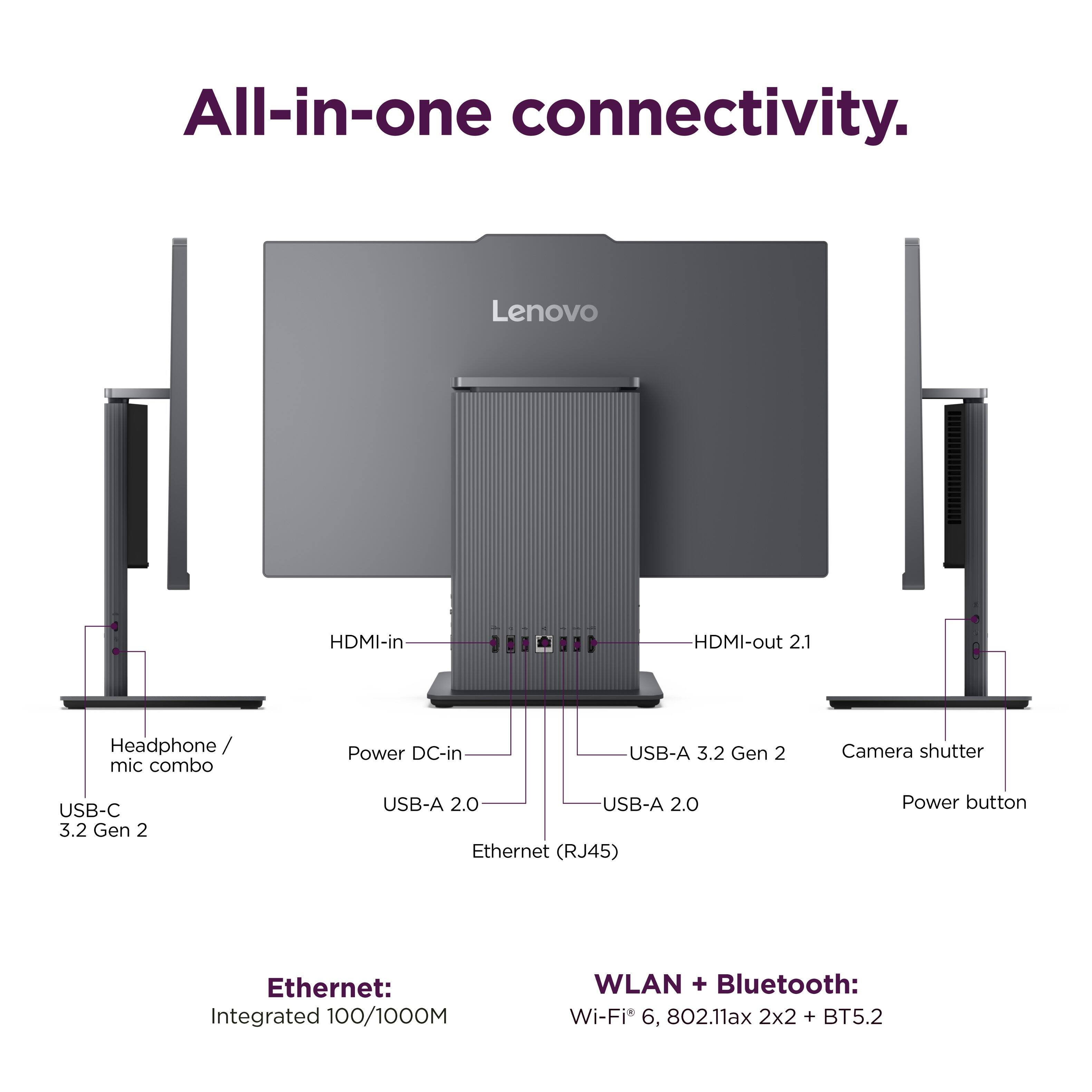 All-in-one connectivity.

Lenovo

- HDMI-in
- HDMI-out 2.1
- Headphone / mic combo
- Power DC-in
- USB-A 3.2 Gen 2
- USB-A 2.0
- Ethernet (RJ45)
- Camera shutter
- Power button
- USB-C 3.2 Gen 2

Ethernet: Integrated 100/1000M

WLAN + Bluetooth: Wi-Fi 6, 802.11ax 2x2 + BT5.2