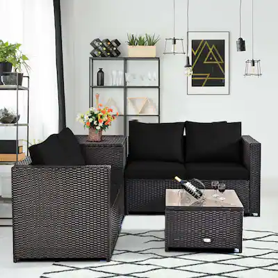 4 Pieces Outdoor Patio Rattan Furniture Set with Loveseat and Storage Box-Black | Costway 4 Pieces Outdoor Patio Rattan Furniture Set with Loveseat and Storage Box-Black | Costway