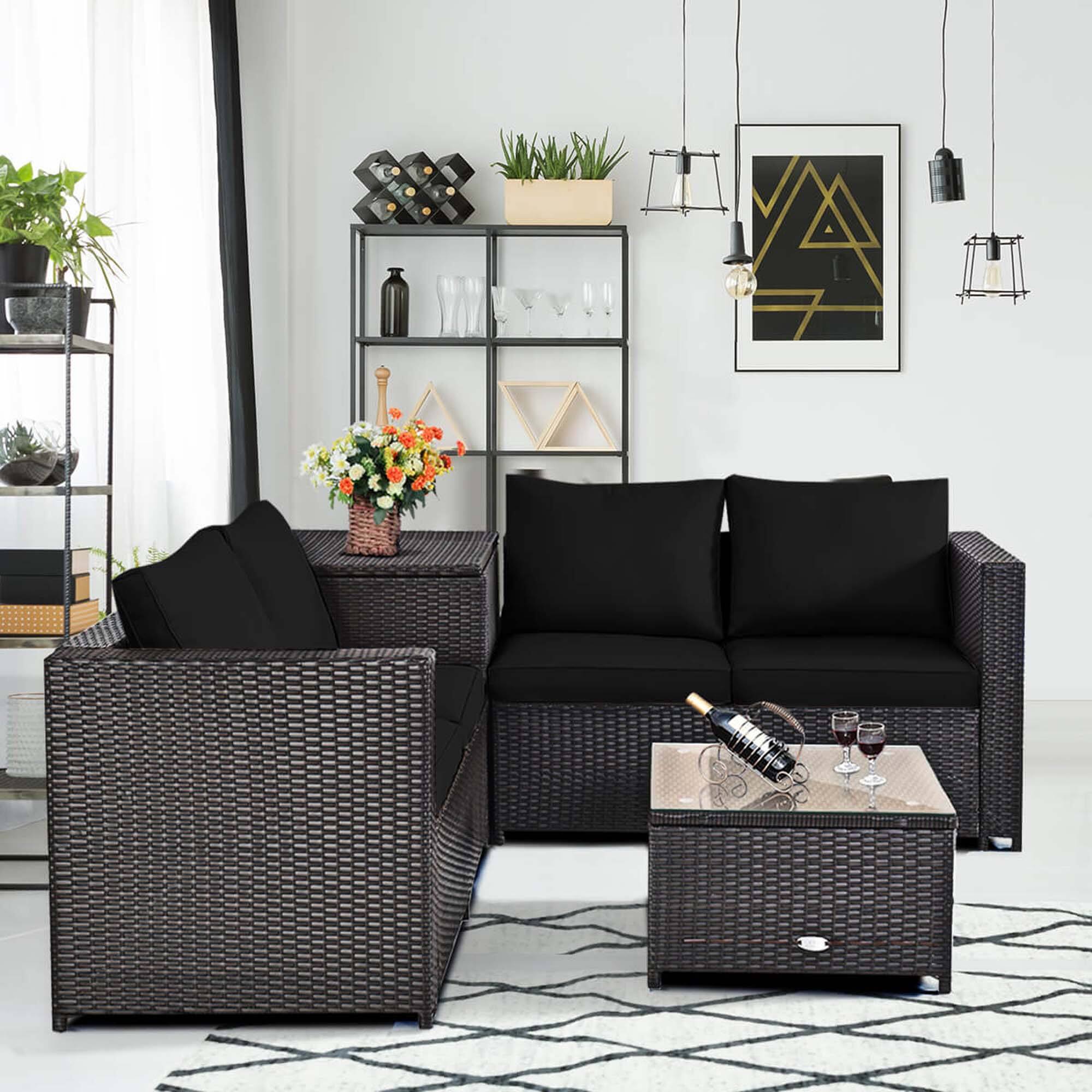 Alt View 5. Costway - 4 PCS Outdoor Patio Rattan Furniture Set Cushioned Loveseat Storage Table - Black.