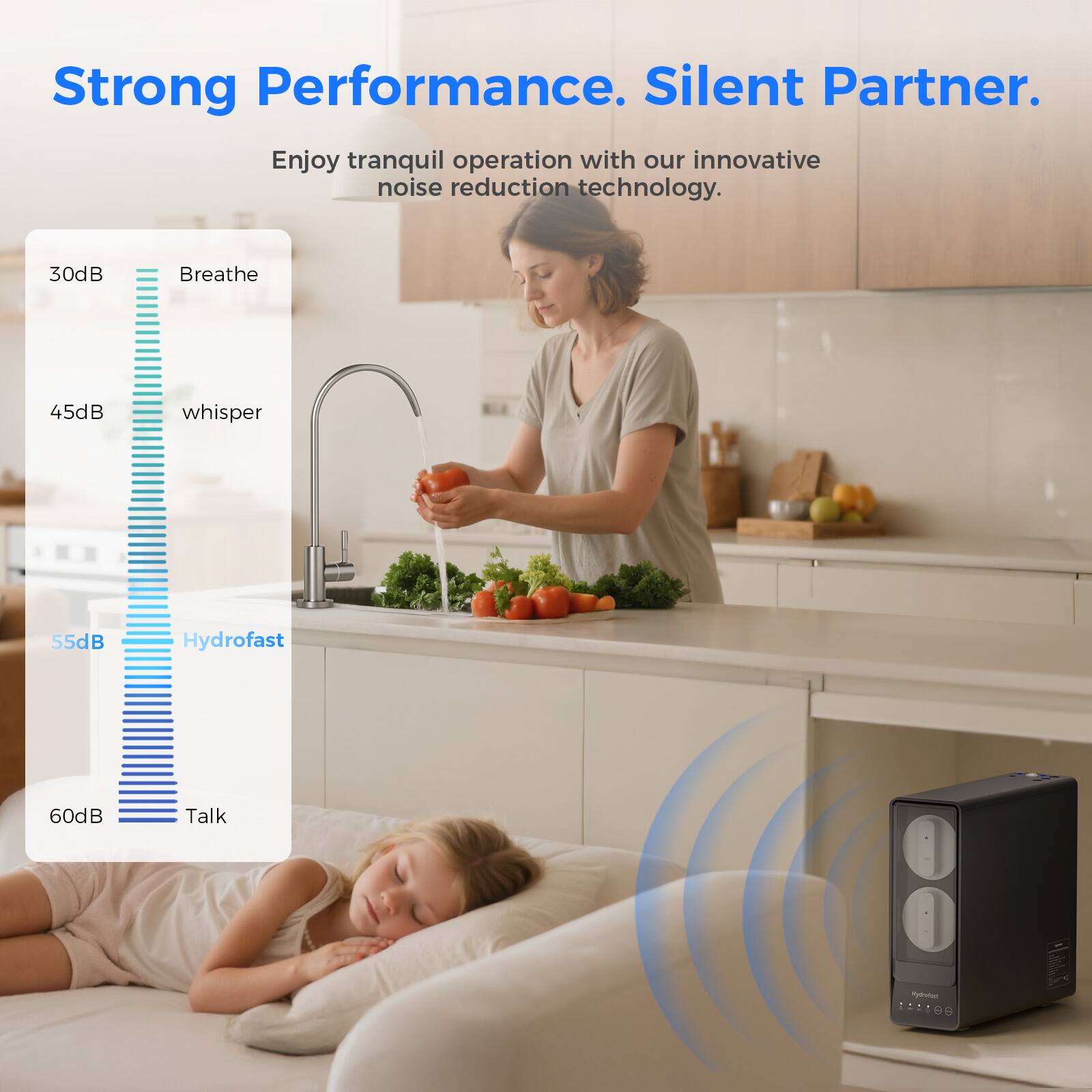 Strong Performance. Silent Partner.

Enjoy tranquil operation with our innovative noise reduction technology.

30dB Breathe  
45dB whisper  
55dB Hydrofast  
60dB Talk
