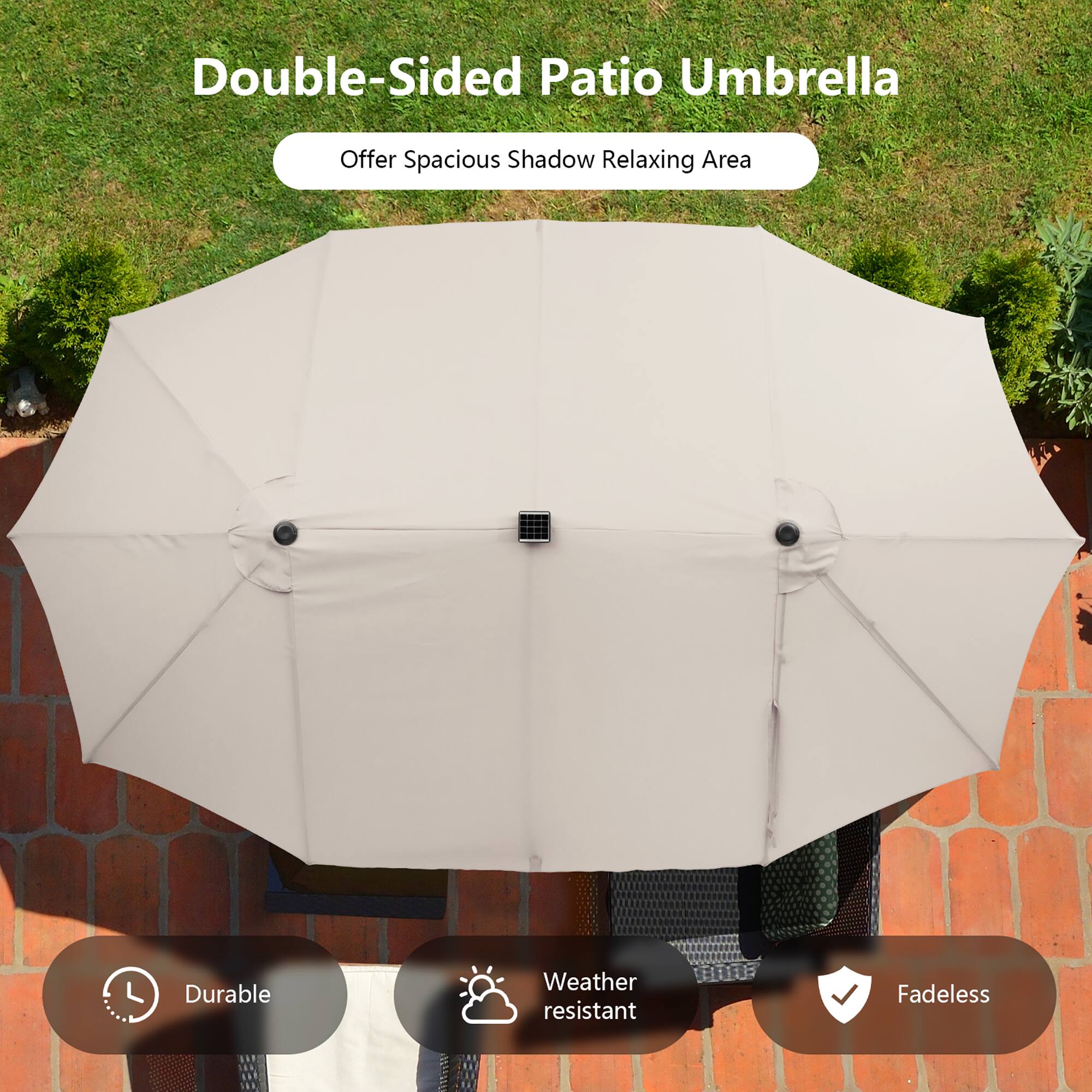 Double-Sided Patio Umbrella Offer Spacious Shadow Relaxing Area Durable Weather Resistant Fadeless