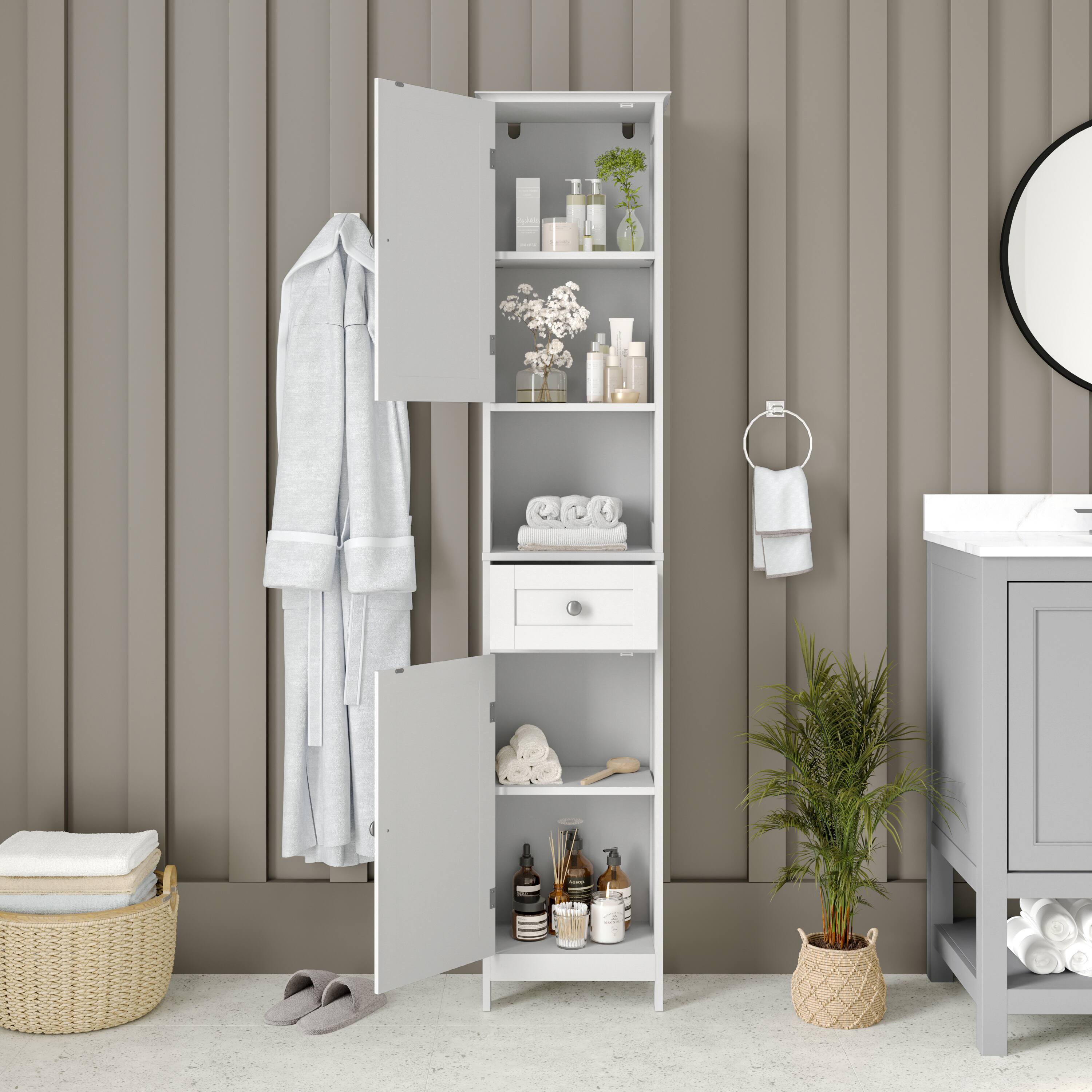 Alt View 3. Emma + Oliver - Farmhouse Freestanding Linen Tower with Shelves, Drawer, and Doors - White.