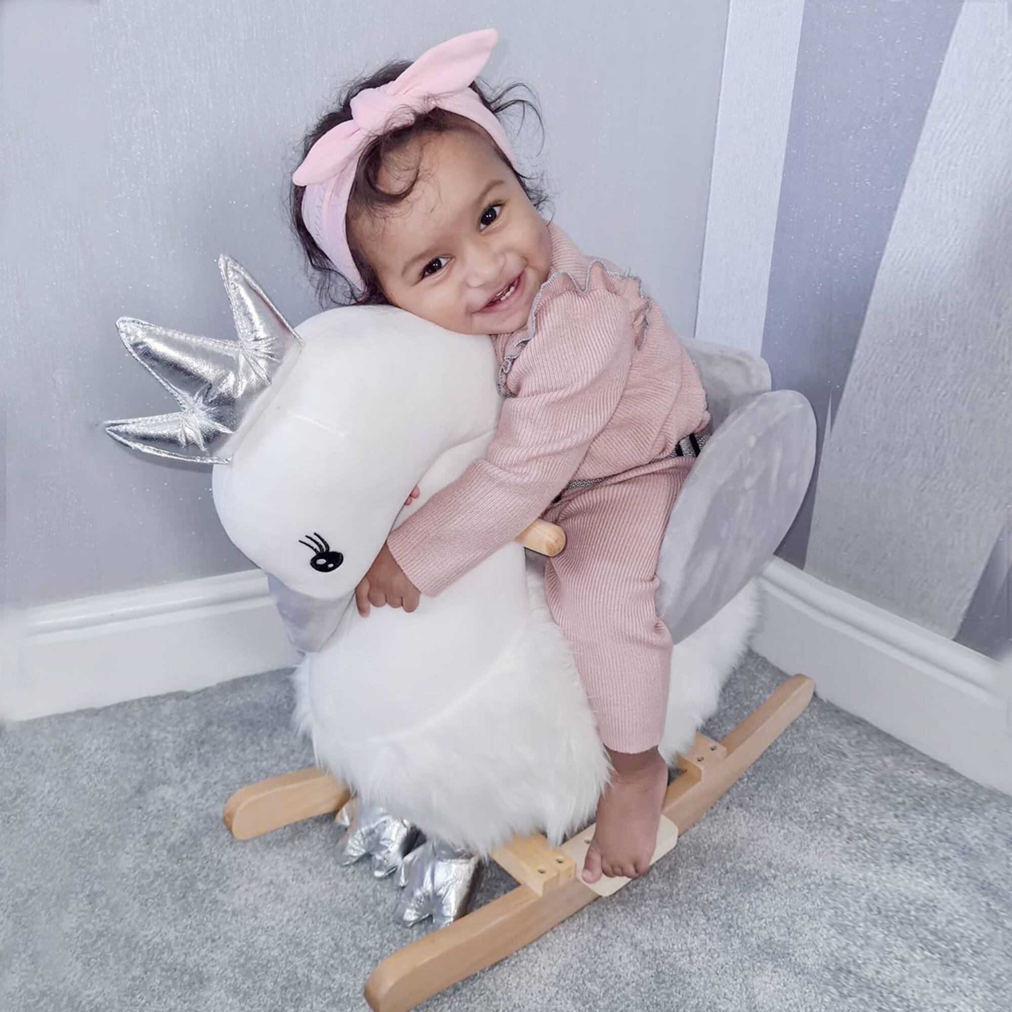 Alt View 5. Glintex - Plush Swan Rocking Horse for Kids with Sounds, Safety Belt, and Soft Seat - White.