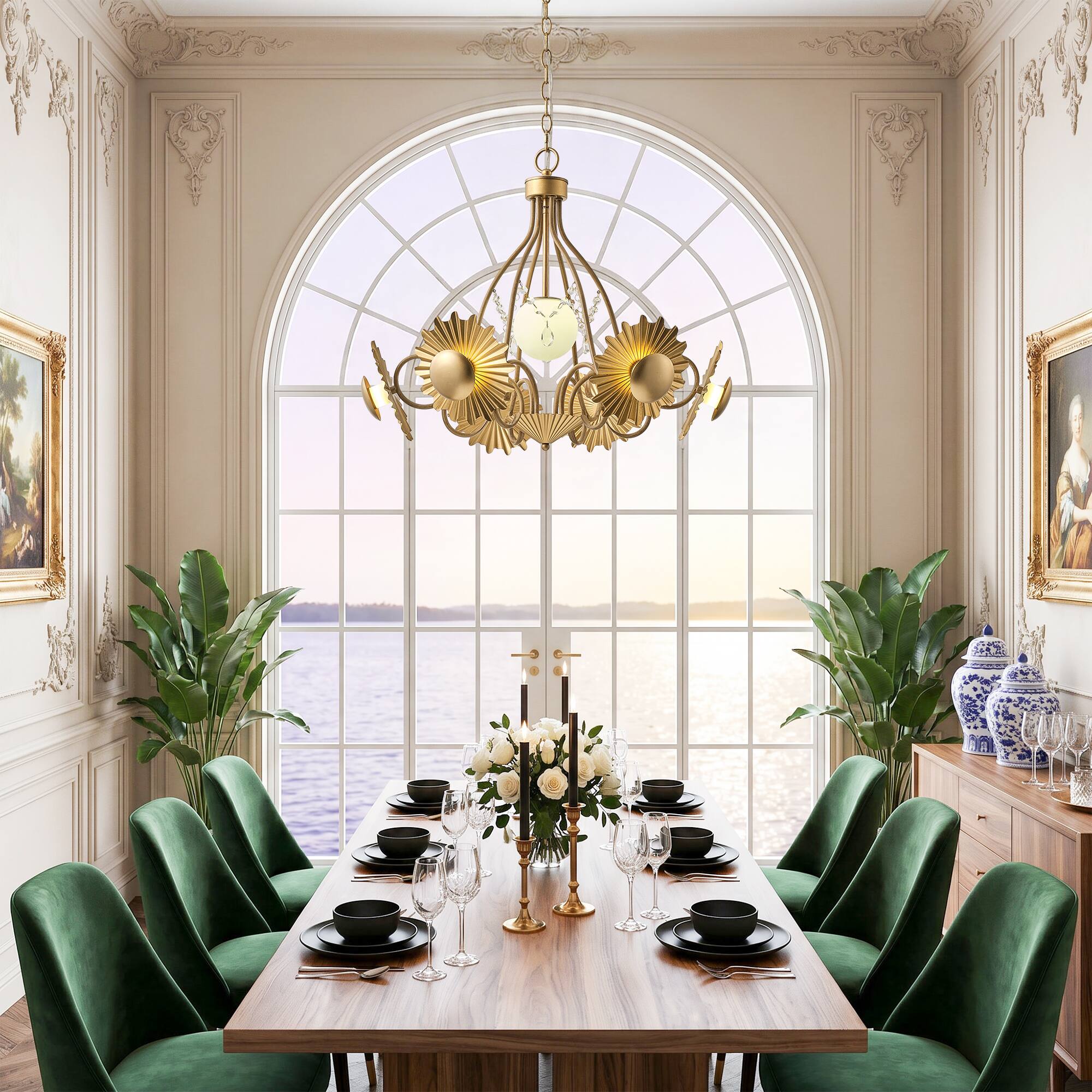Left. Parrot Uncle - 26" Antique Gold Mid-Century Glam Sunburst LED Chandelier with Frosted Glass Globes - Gold.
