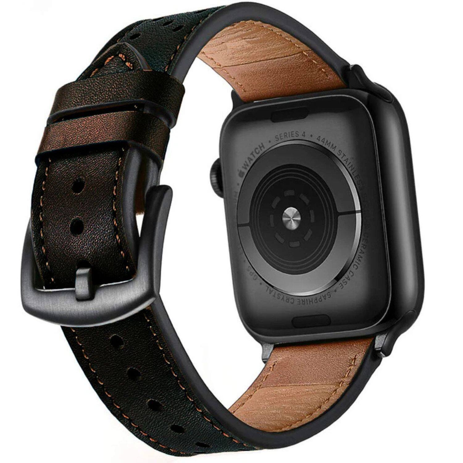 Left. Stock Preferred - 45mm Genuine Leather Strap for Apple Watch – Two-Piece Classic Band for Series Ultra, 8, 7, 6, SE, 5, 4, 3 - Black.