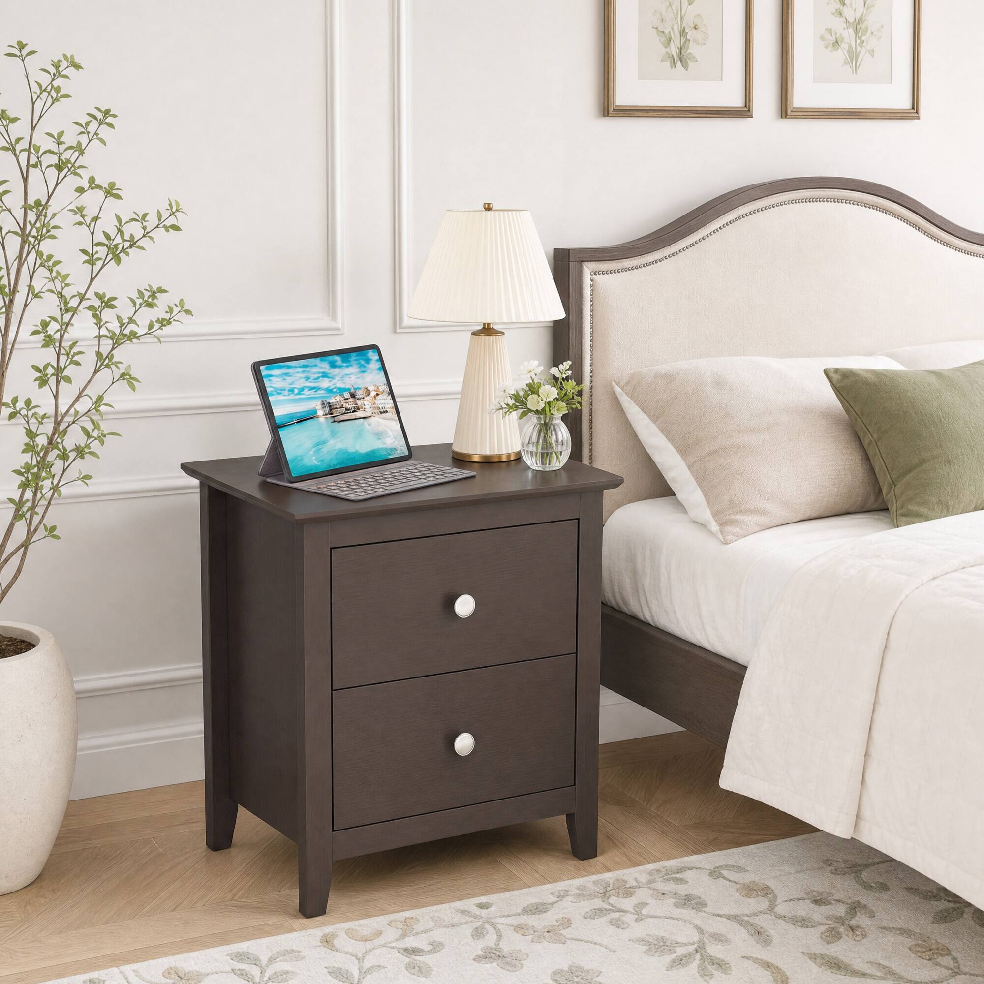 Alt View 3. WELLFOR - Modern Nightstand with 2 Drawers for Small Spaces - Brown.