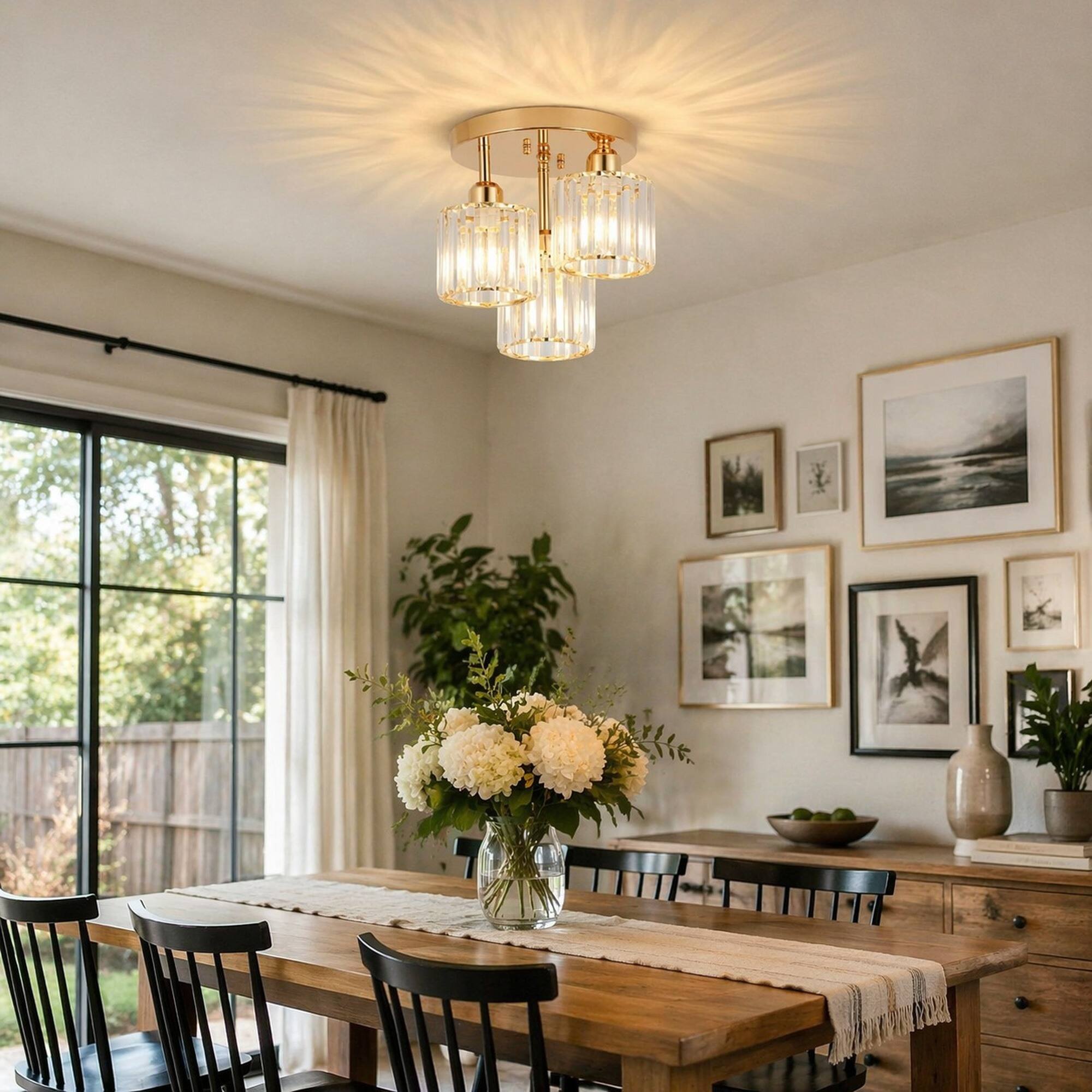 Left. RYHNUYNE - Modern 3-Light Semi Flush Mount Ceiling Fixture with Clear Crystal Accents, Gold Finish, Ideal for Low Ceilings.