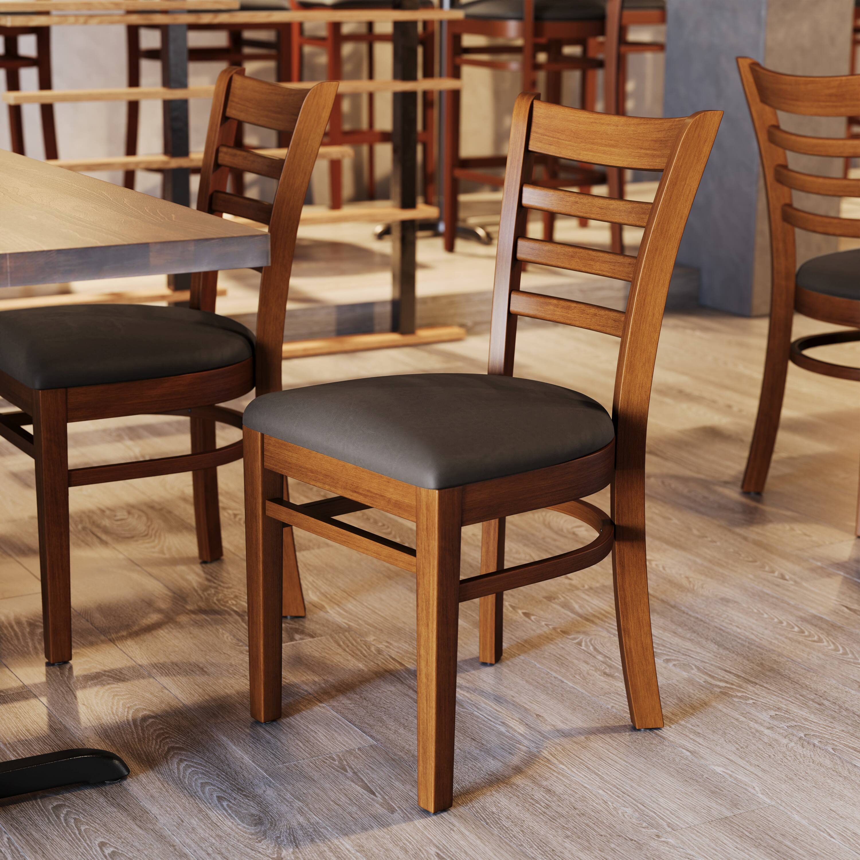Alt View 4. Emma + Oliver - Ladder Back Wooden Restaurant Dining Chair - Mocha Vinyl Seat/Cherry Wood Frame.