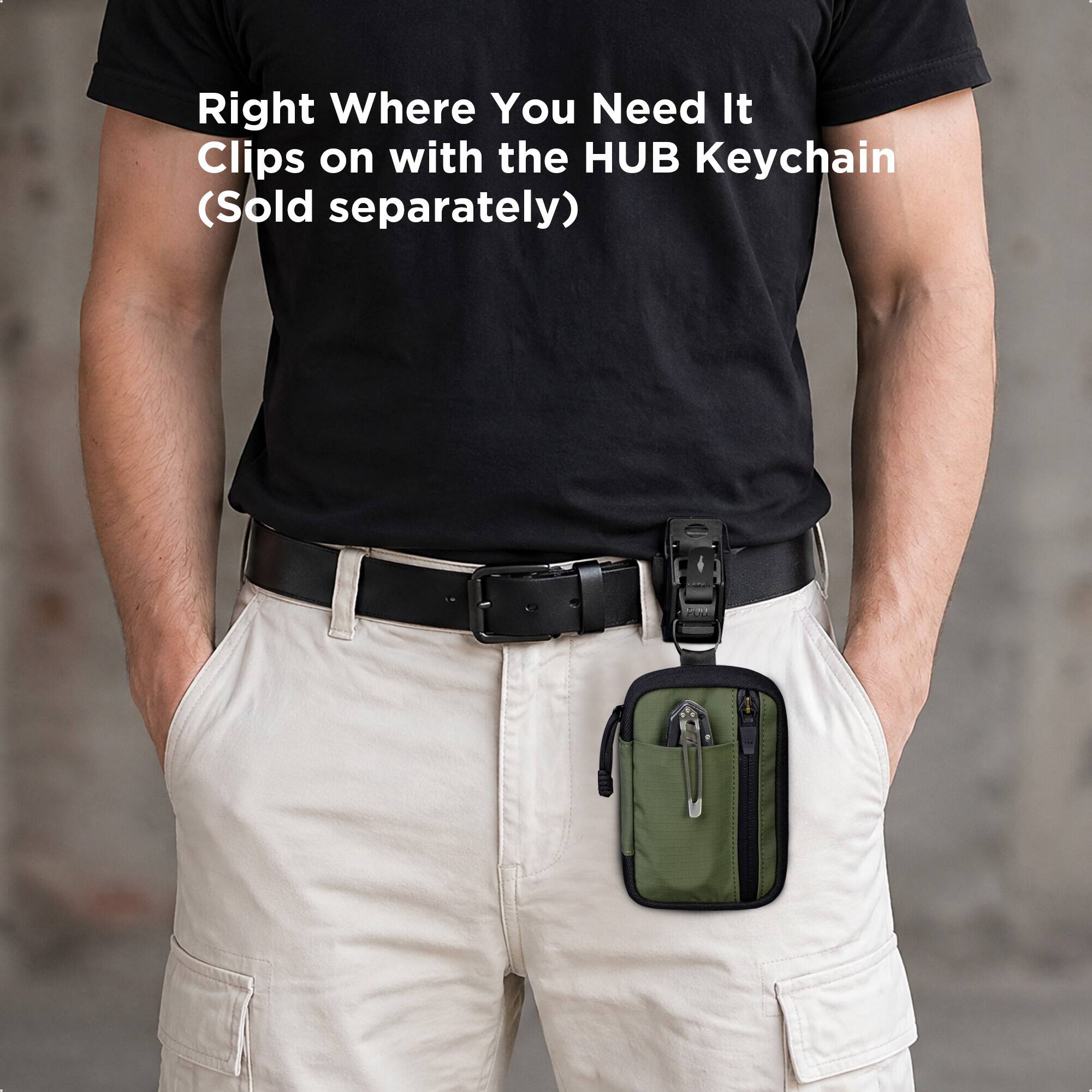 Right Where You Need It  
Clips on with the HUB Keychain (Sold separately)