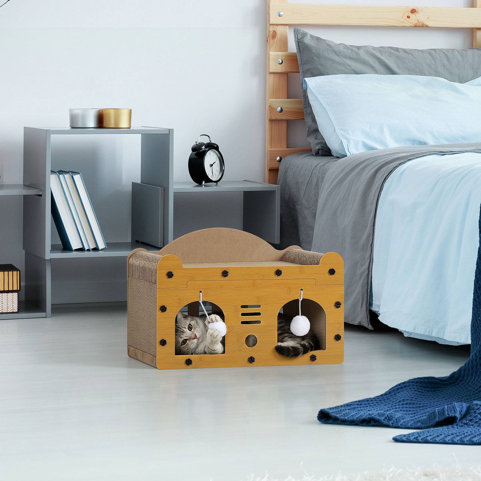 Alt View 4. Oumilen - Cat House with Scratcher | 2-in-1 Cat Bed Cave with Ball Toys, Cardboard Cat Scratcher House for Indoor Cats.