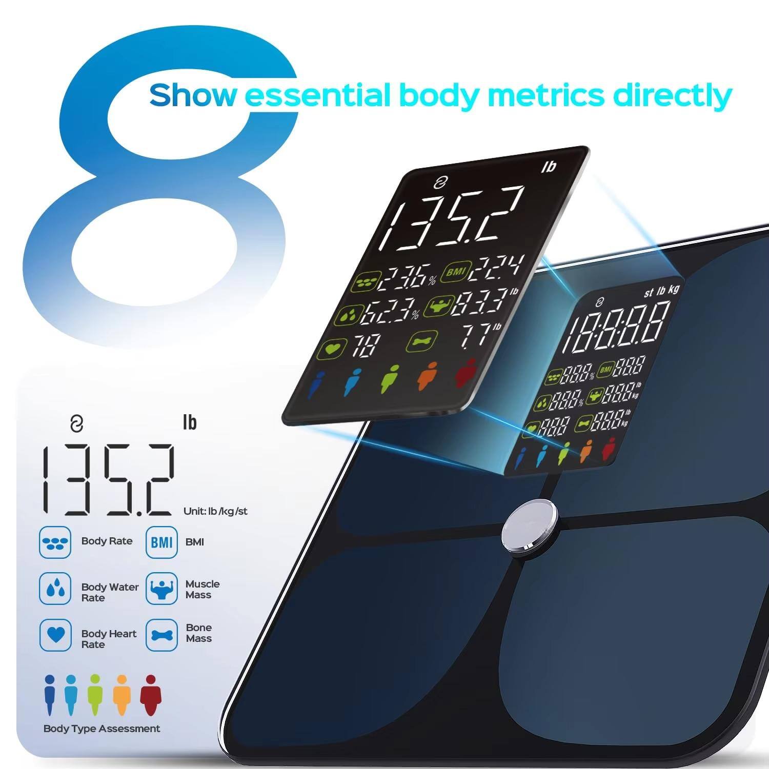 Show essential body metrics directly

lb 135.2  
Unit: lb / kg / st

BMI 22.4  
Body Rate  
Body Water Rate  
Body Heart Rate  
Muscle Mass  
Bone Mass  
Body Type Assessment