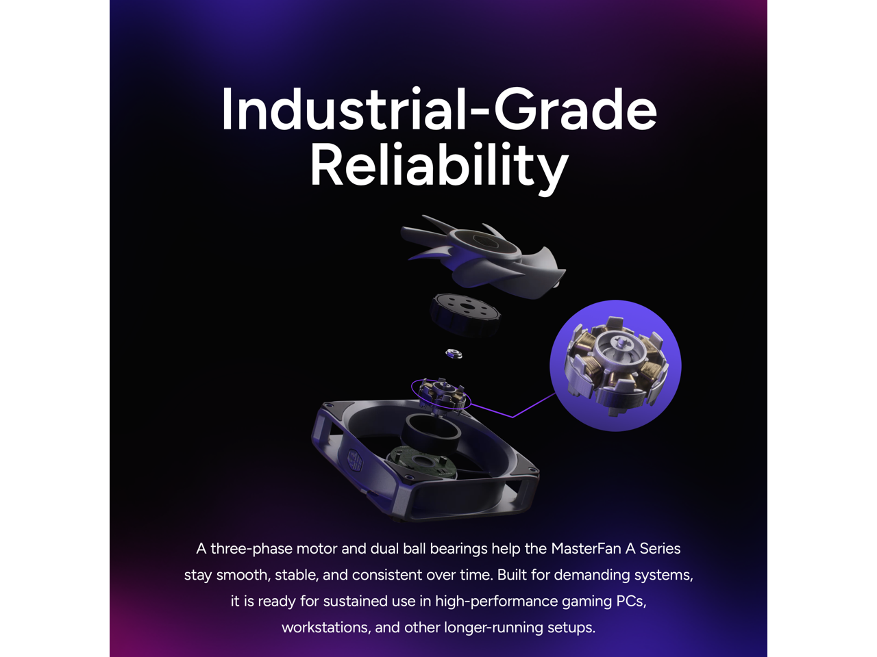 Industrial-Grade Reliability

A three-phase motor and dual ball bearings help the MasterFan A Series stay smooth, stable, and consistent over time. Built for demanding systems, it is ready for sustained use in high-performance gaming PCs, workstations, and other longer-running setups.