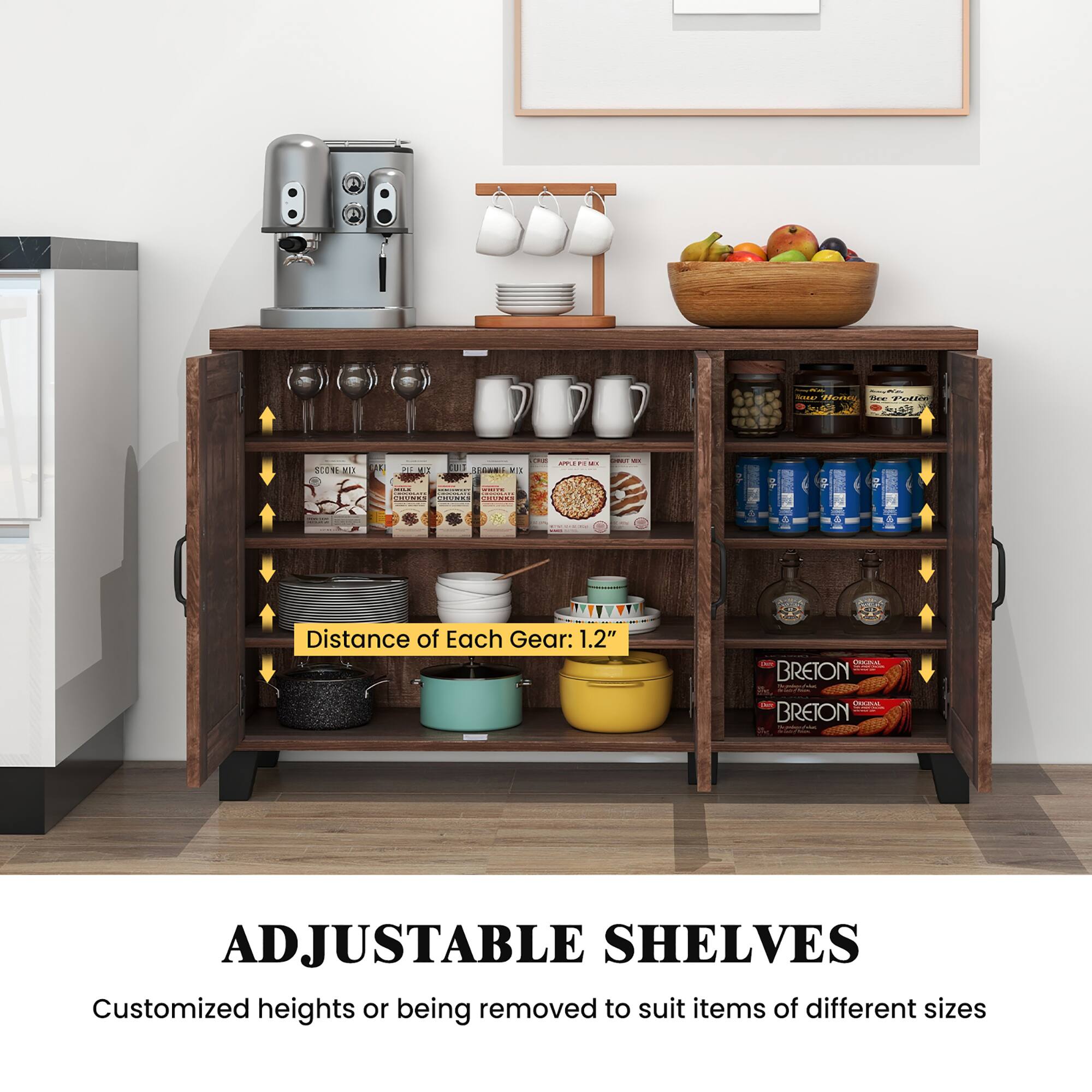 Adjustable Shelves: Customized heights or being removed to suit items of different sizes.