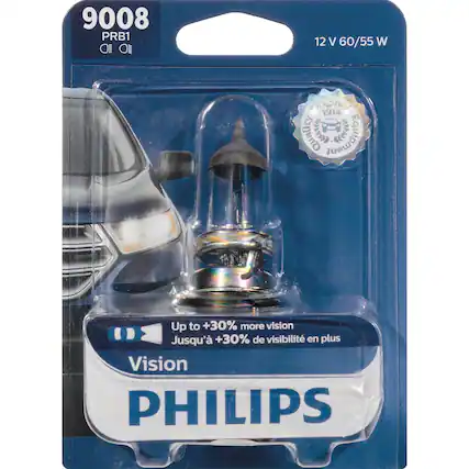 9008 PRB1
12 V 60/55 W
Up to +30% more vision
Jusqu'à +30% de visibilité en plus
Vision PHILIPS