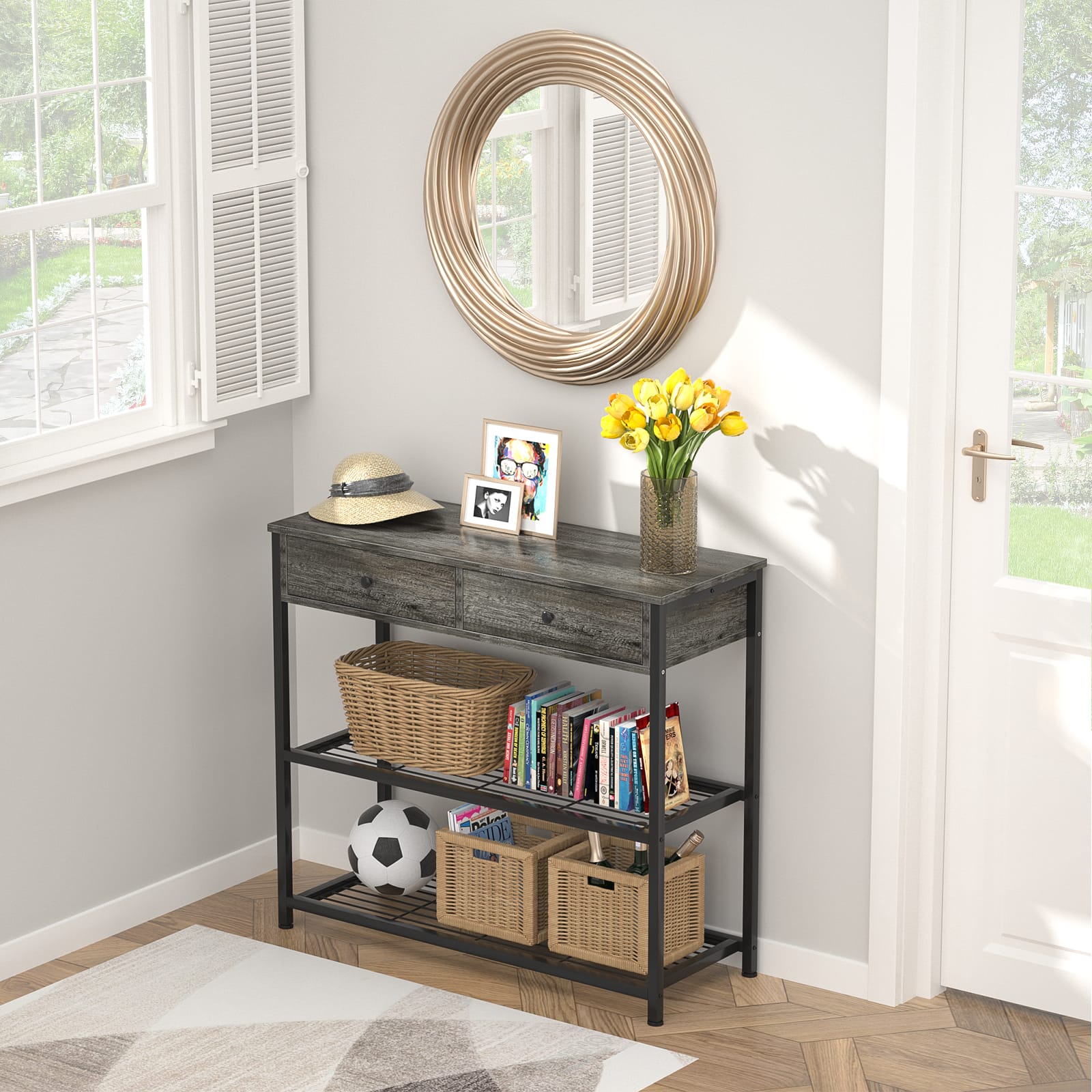 Aheaplus - 32'' Console Table, with Charging Station and Drawers, Narrow End Table for Entryway, Living Room - Gray Oak
