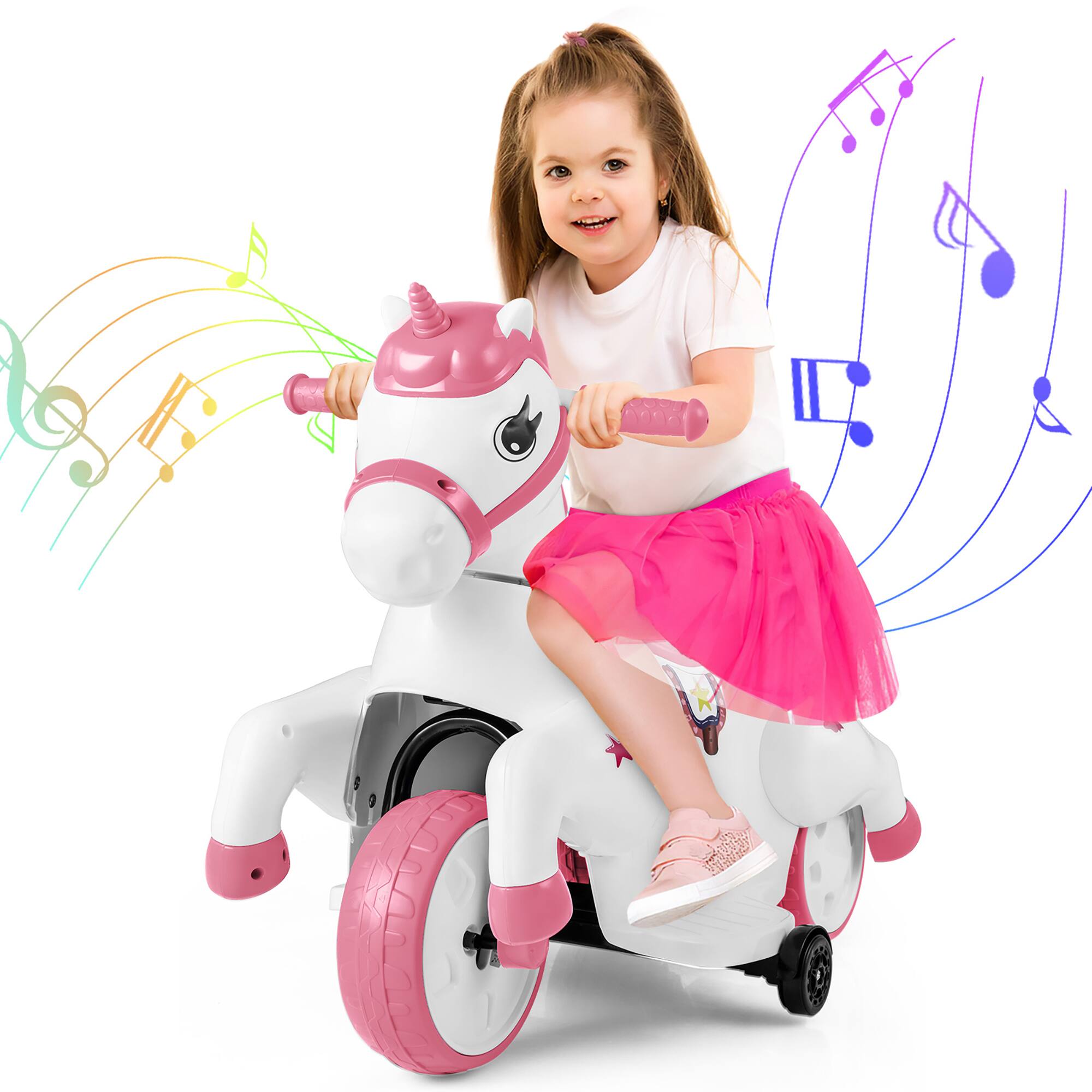 Gymax - 12V Kids Ride on Unicorn Toy w/ Training Wheels Music One-button Start Horse Toy - Pink