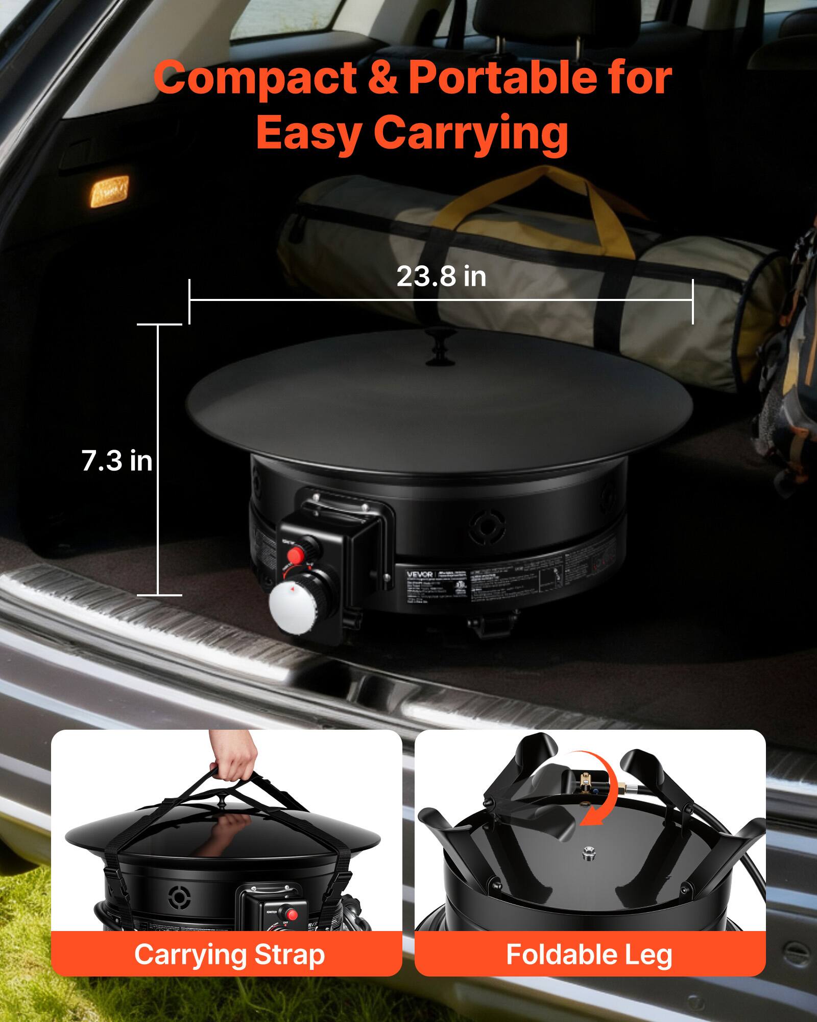 Compact & Portable for Easy Carrying

23.8 in  
7.3 in

Carrying Strap  
Foldable Leg
