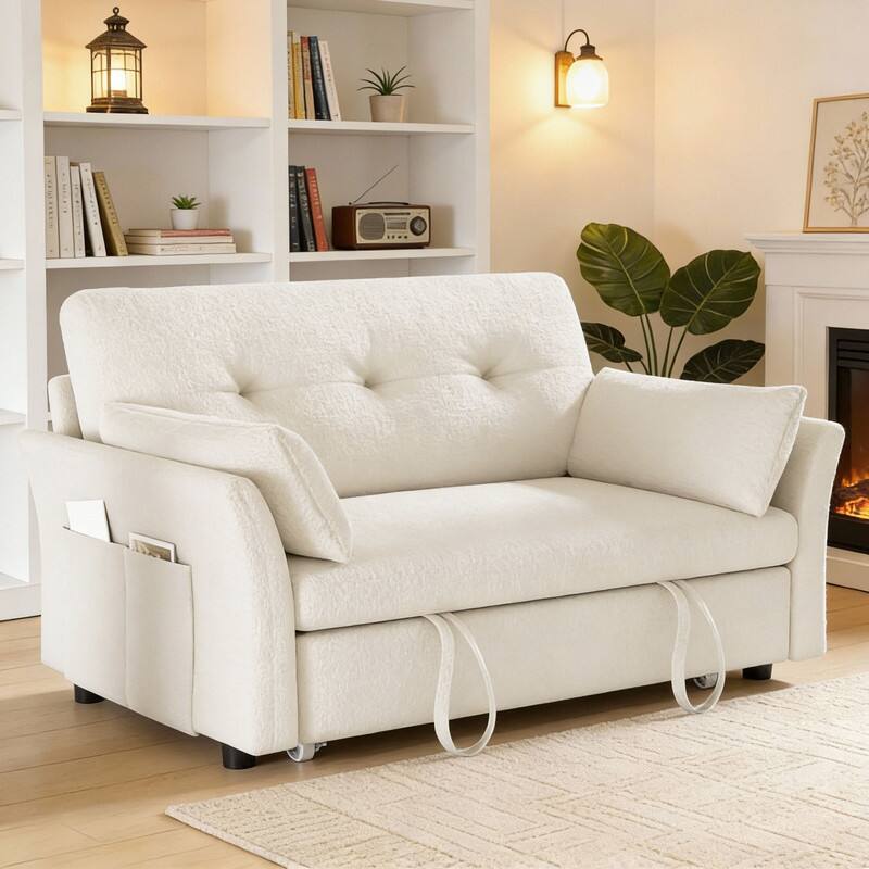 Left. Vipbear - Convertible Sleeper Chair,3-in-1Sofa Bed with Reclining Backrest,Single Sleeper Couch with Pull-Out Bed Linen Futon Sofa - Beige.