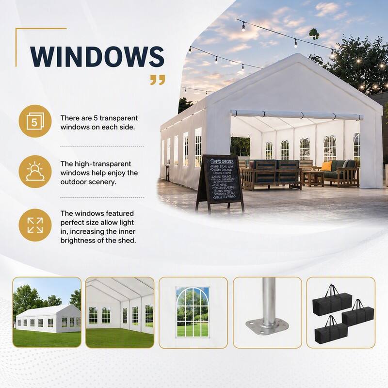 WINDOWS

There are 5 transparent windows on each side.

The high-transparent windows help enjoy the outdoor scenery.

The windows featured perfect size allow light in, increasing the inner brightness of the shed.